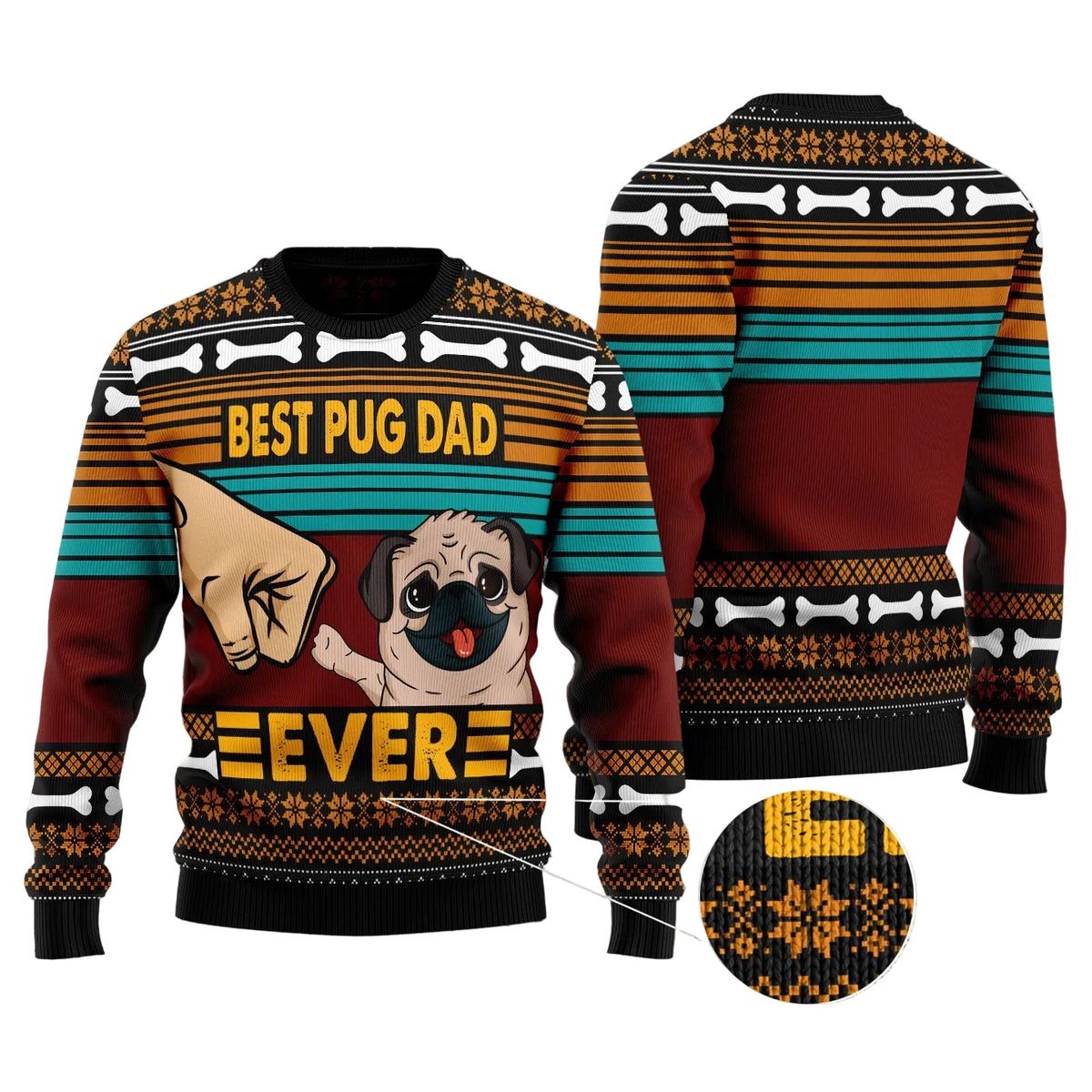 Pug Best Dog Dad Ugly Christmas Sweater, Funny Pug Holiday Pullover for Pet Fathers, Festive Winter Party Outfit