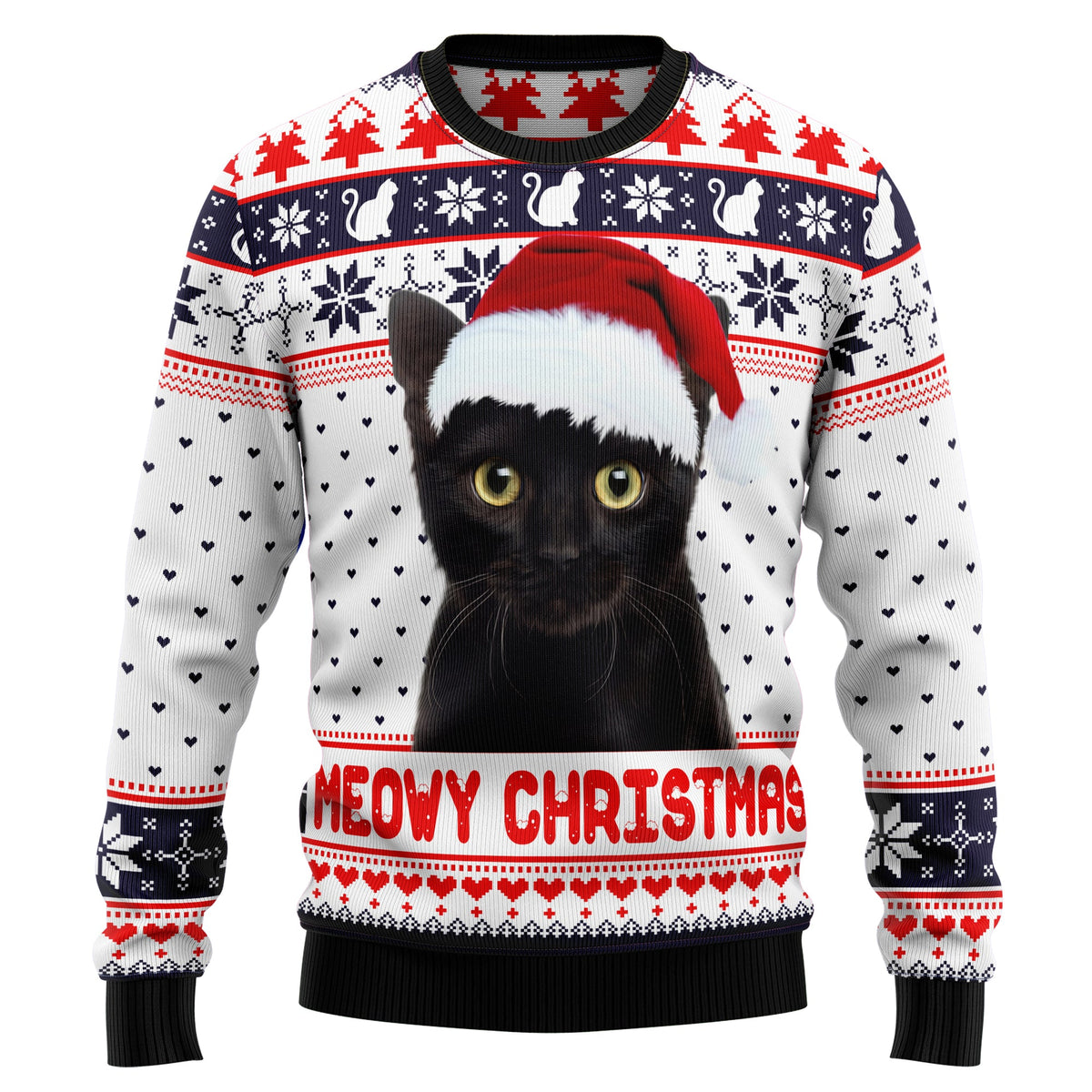 Meowy Christmas Cat Sweater - Funny Ugly Christmas Sweater for Men and Women, Unisex Holiday Party Outfit