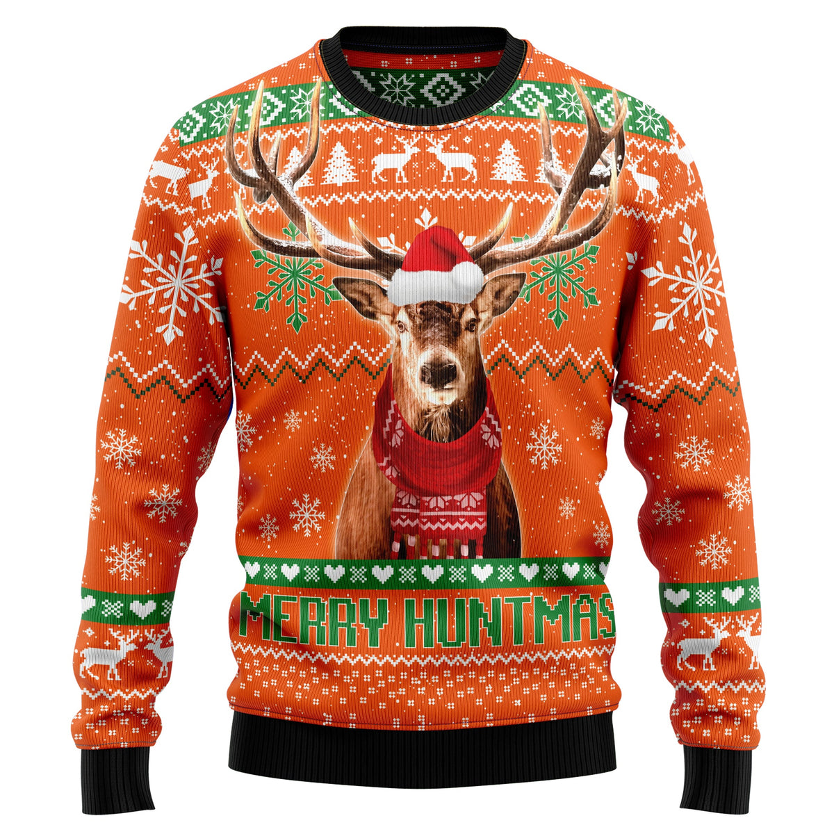 Deer Merry Huntmas Christmas Sweater - Funny Ugly Christmas Sweater for Men and Women, Unisex Holiday Party Outfit