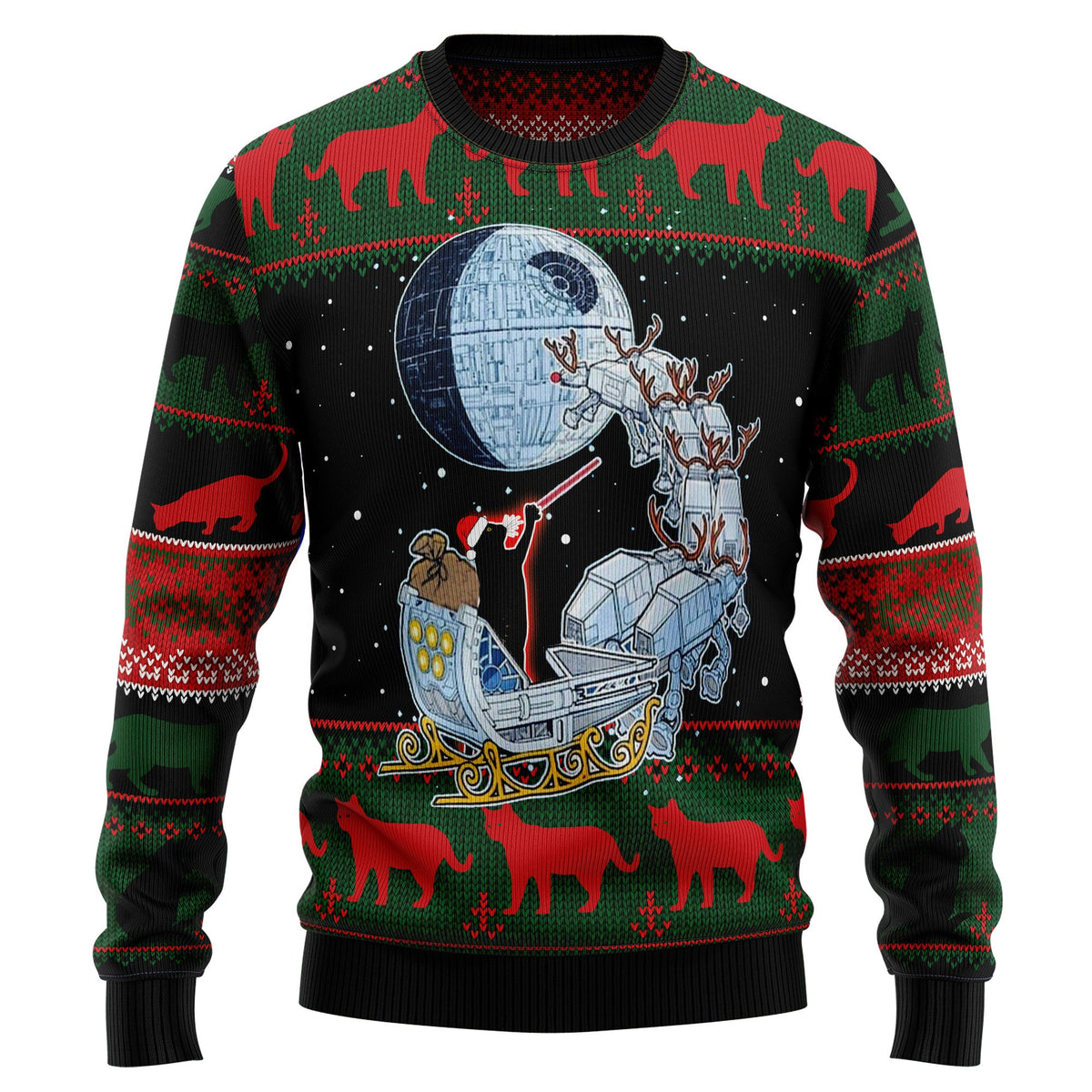 Black Cat Sleigh To Death Star Ugly Christmas Sweater, Funny Cat Christmas Sweater, Cat Lover Holiday Gift