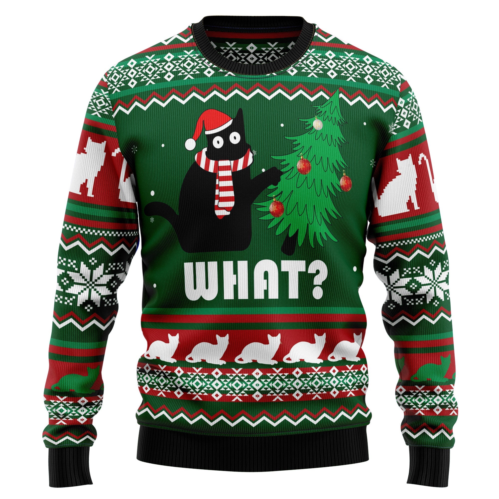Black Cat What Christmas Ugly Christmas Sweater - Unisex Holiday Party Pullover, Funny Christmas Gift for Men Women