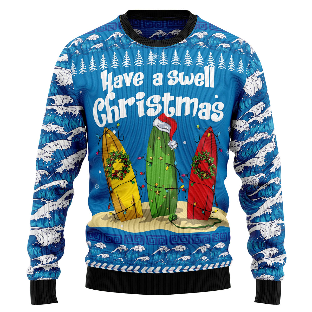 Surfer Swell Christmas Sweater - Funny Ugly Christmas Sweater for Men and Women, Unisex Holiday Party Outfit