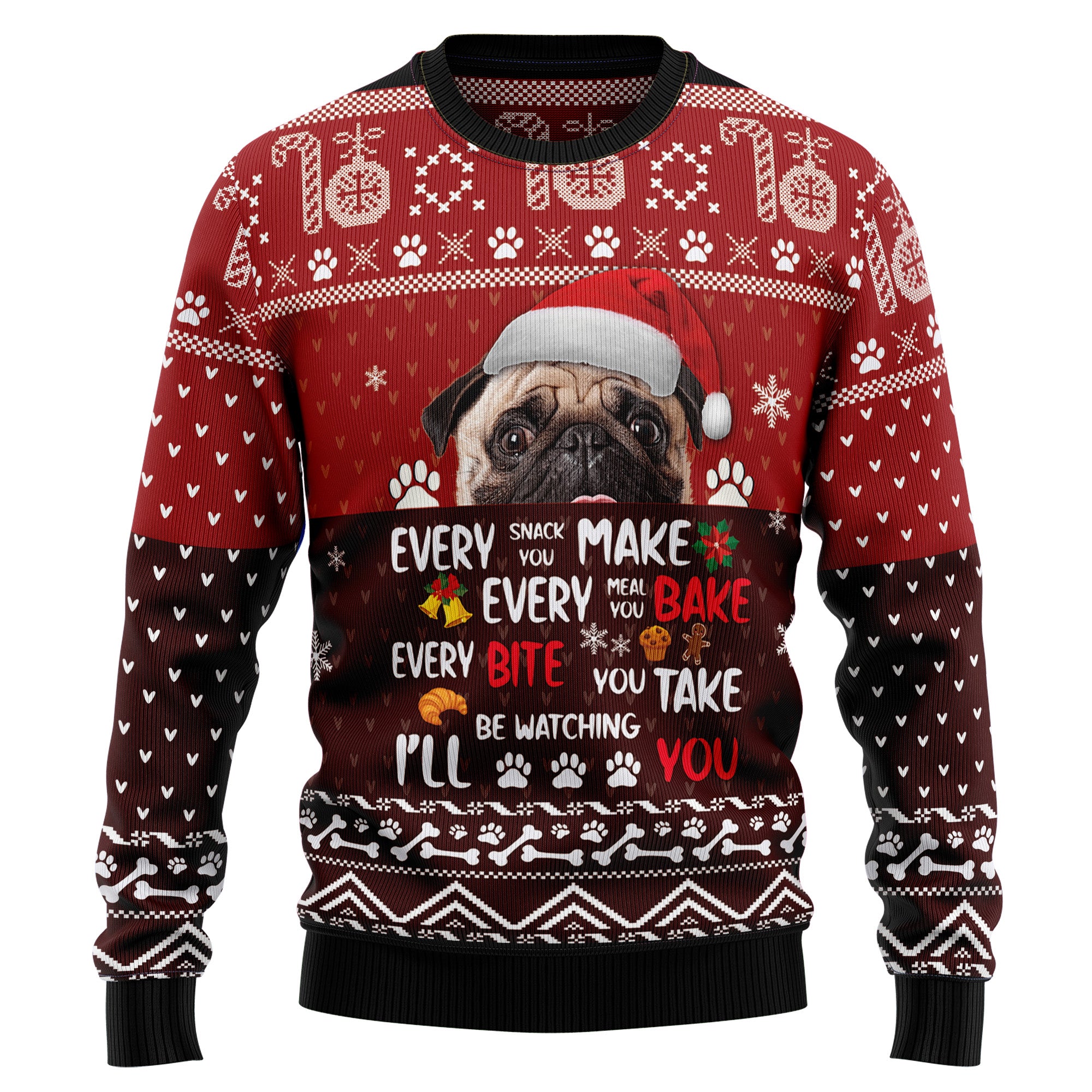 Pug Will Be Watching You Ugly Christmas Sweater for Men and Women, Funny Holiday Party Outfit, Festive Christmas Gift