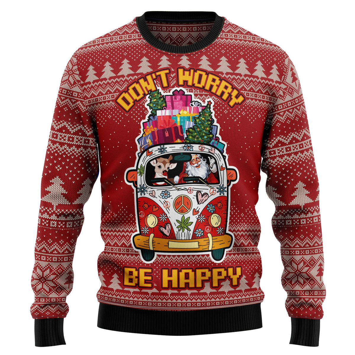 Hippie Car Ugly Christmas Sweater, Retro Holiday Pullover, Festive Christmas Party Outfit and Gift for Hippie Lovers