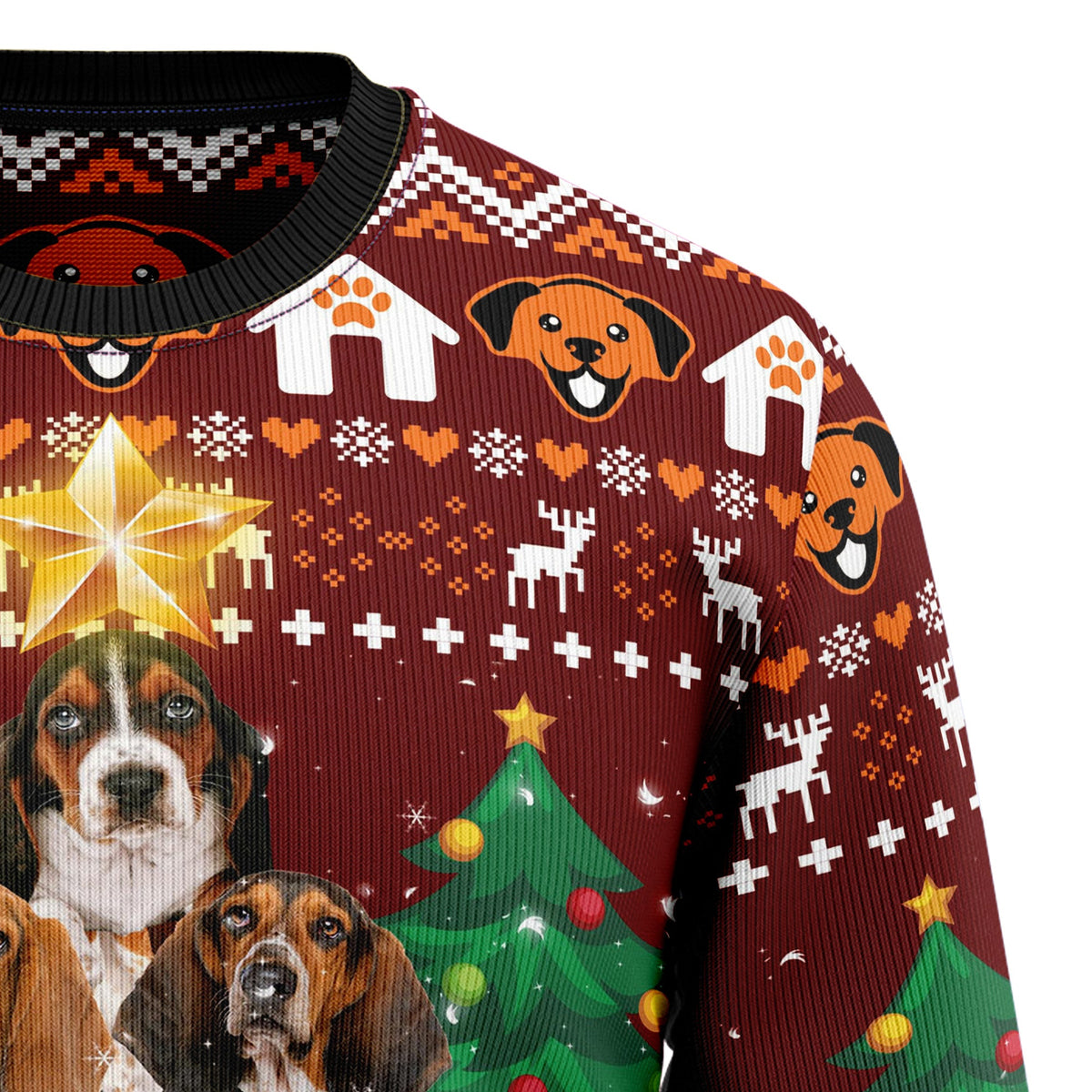 Basset Hound Ugly Christmas Sweater, Dog and Pine Tree Holiday Pullover, Festive Christmas Gift for Basset Hound Lovers