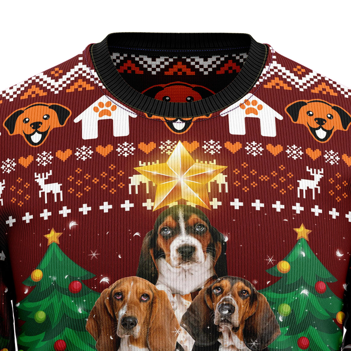 Basset Hound Ugly Christmas Sweater, Dog and Pine Tree Holiday Pullover, Festive Christmas Gift for Basset Hound Lovers