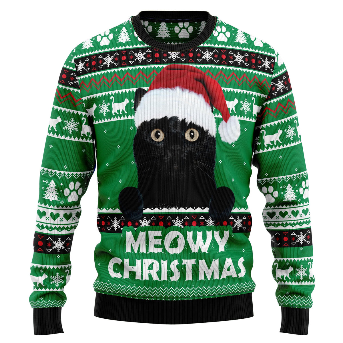Meowy Black Cat Ugly Christmas Sweater for Men and Women, Funny Holiday Party Outfit, Festive Christmas Gift