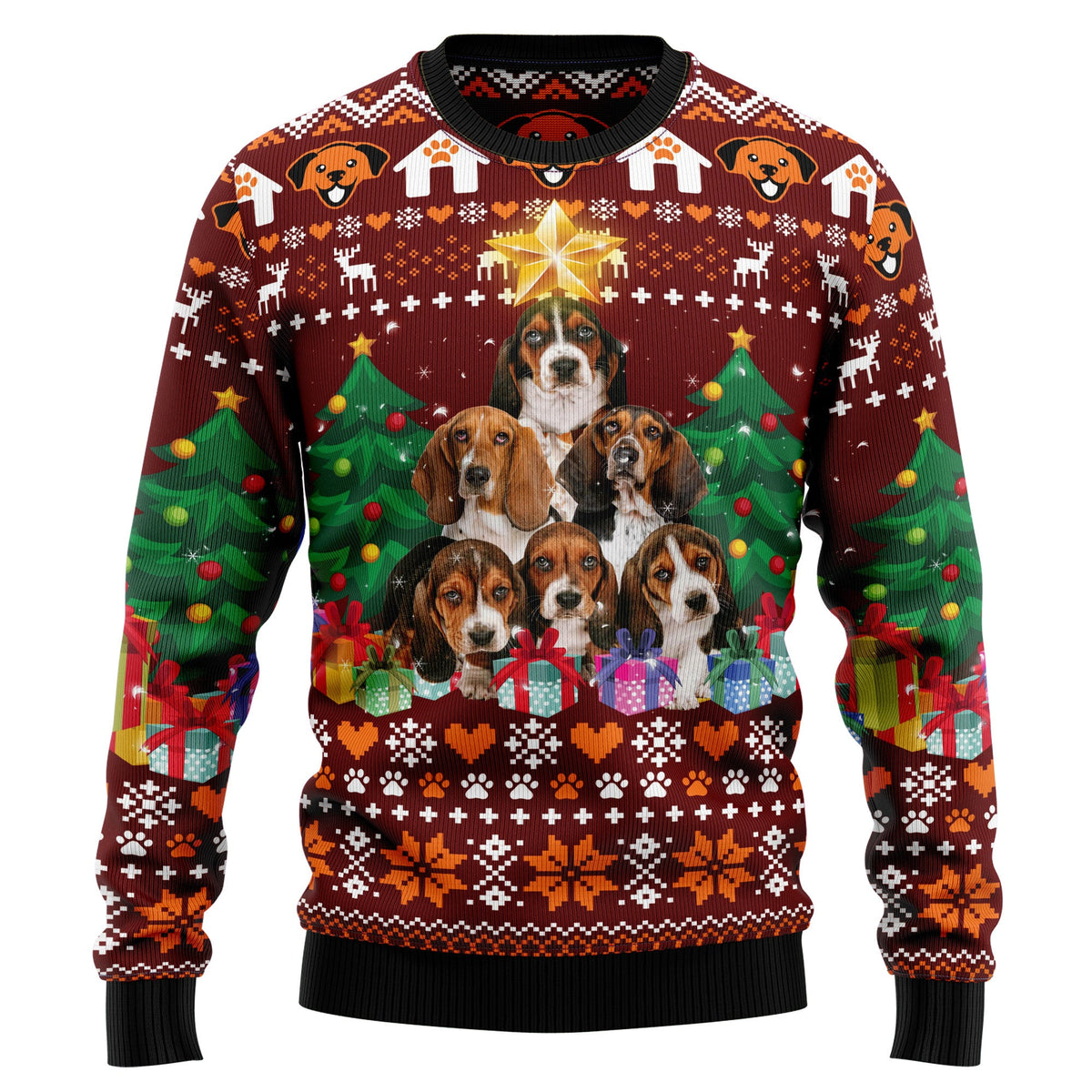 Basset Hound Ugly Christmas Sweater, Dog and Pine Tree Holiday Pullover, Festive Christmas Gift for Basset Hound Lovers