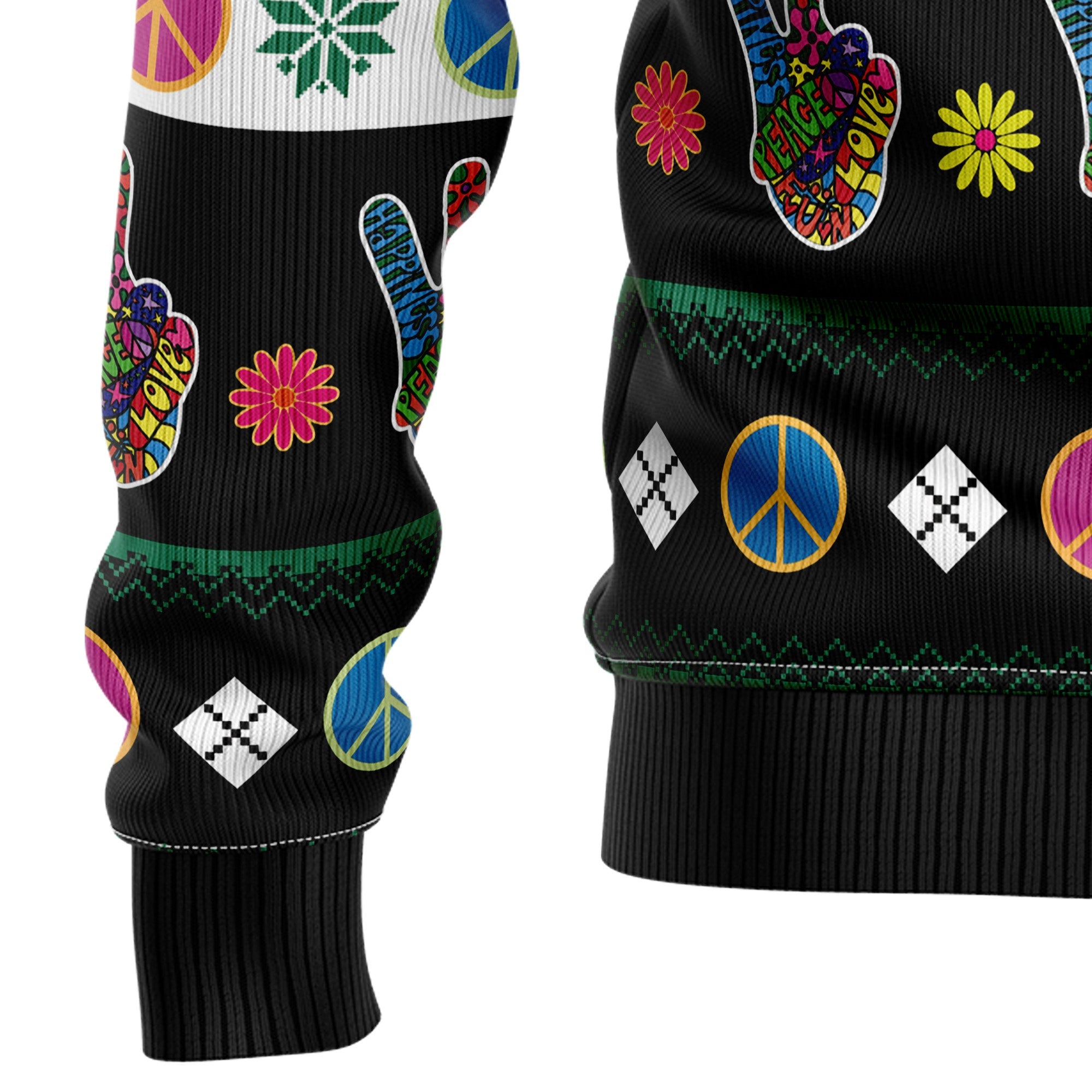 Hippie Peace Sign Ugly Christmas Sweater, Unisex Holiday Outfit, Christmas Gift for Hippie and Retro Style Fans
