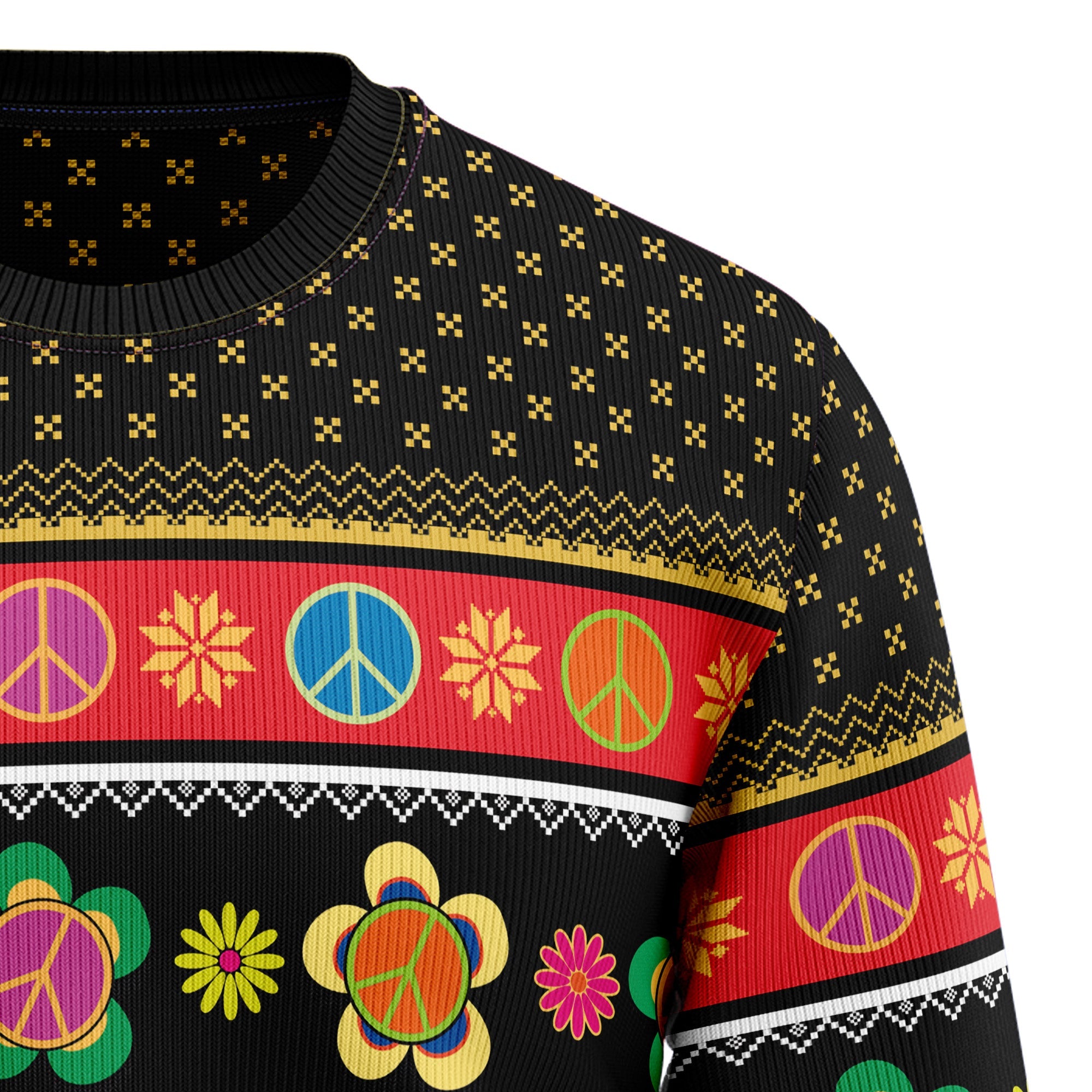 Hippie Peace Sign Ugly Christmas Sweater, Unisex Holiday Outfit, Christmas Gift for Hippie and Retro Style Fans