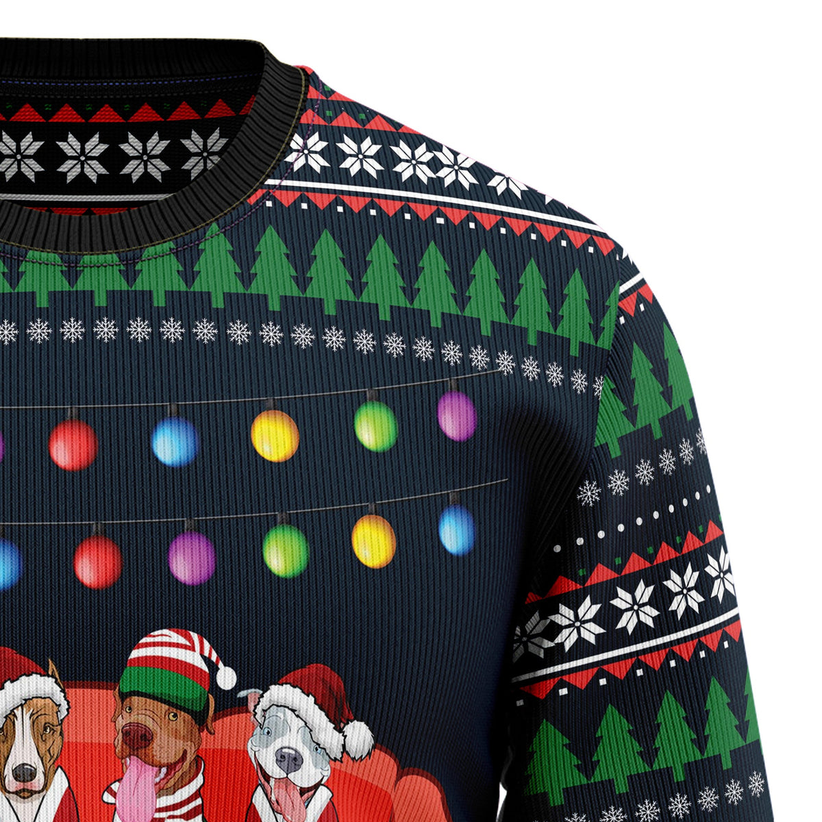 Pit Bull Friends on Red Sofa Ugly Christmas Sweater, Unisex Holiday Party Outfit, Gift for Pit Bull Dog Lovers