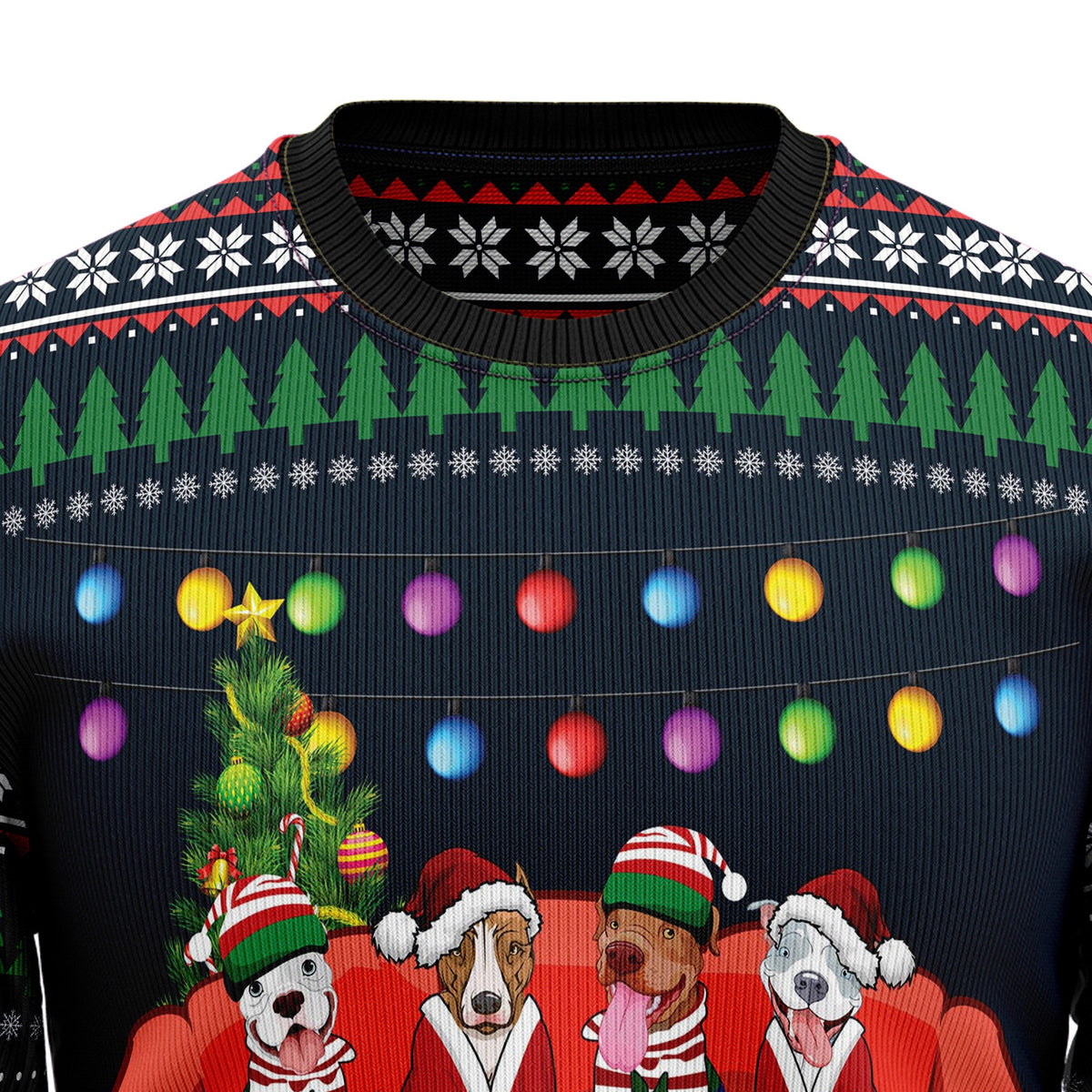 Pit Bull Friends on Red Sofa Ugly Christmas Sweater, Unisex Holiday Party Outfit, Gift for Pit Bull Dog Lovers