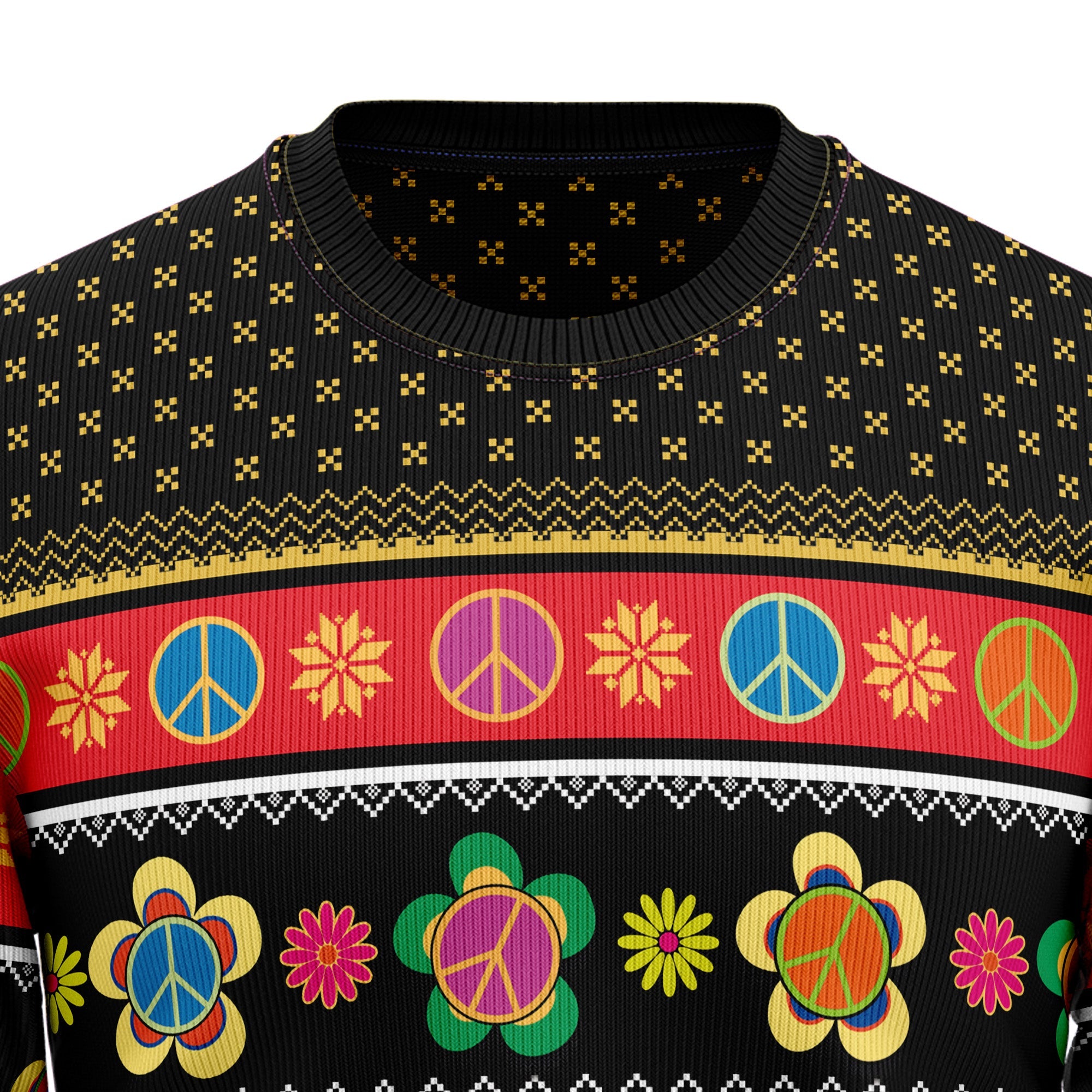 Hippie Peace Sign Ugly Christmas Sweater, Unisex Holiday Outfit, Christmas Gift for Hippie and Retro Style Fans