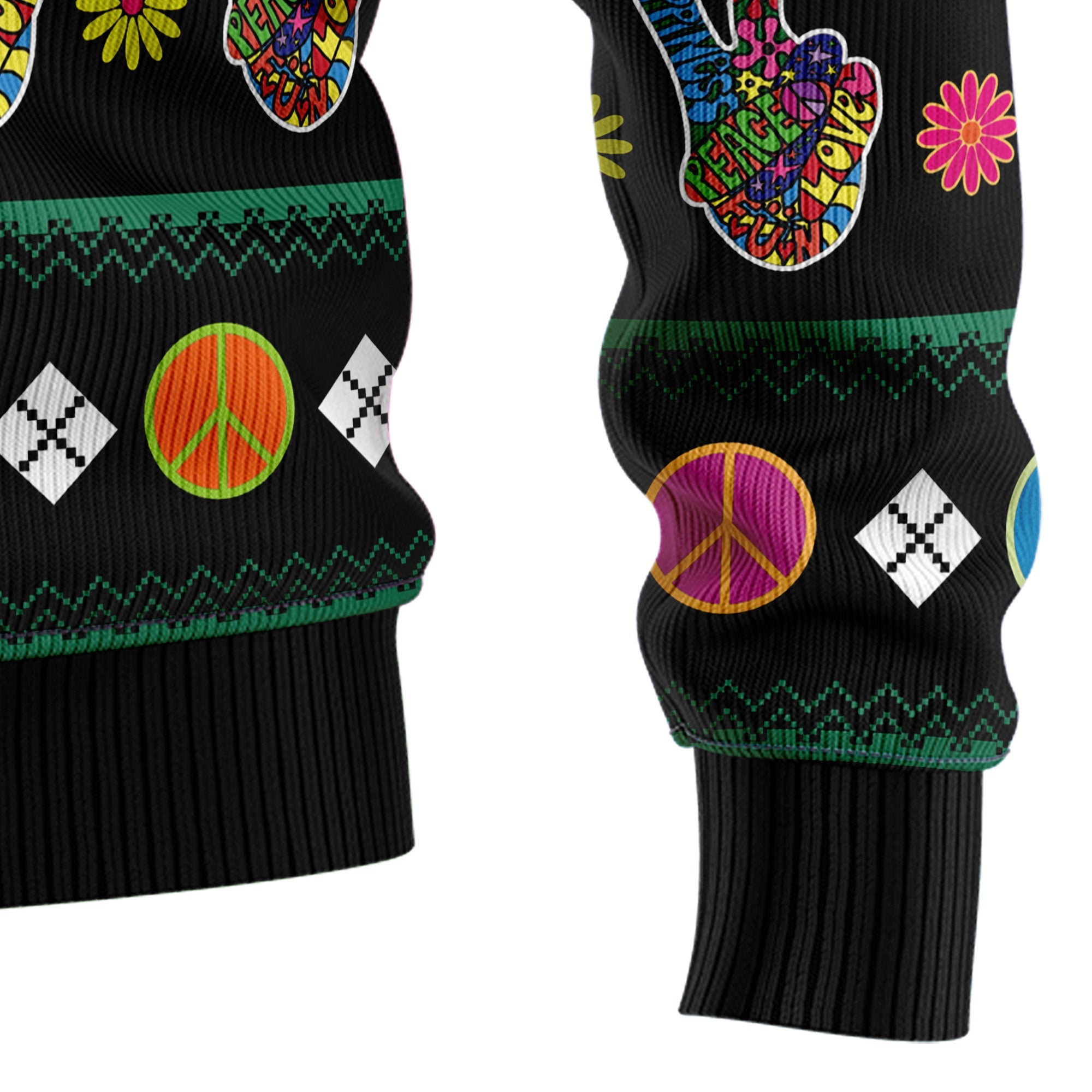 Hippie Peace Sign Ugly Christmas Sweater, Unisex Holiday Outfit, Christmas Gift for Hippie and Retro Style Fans