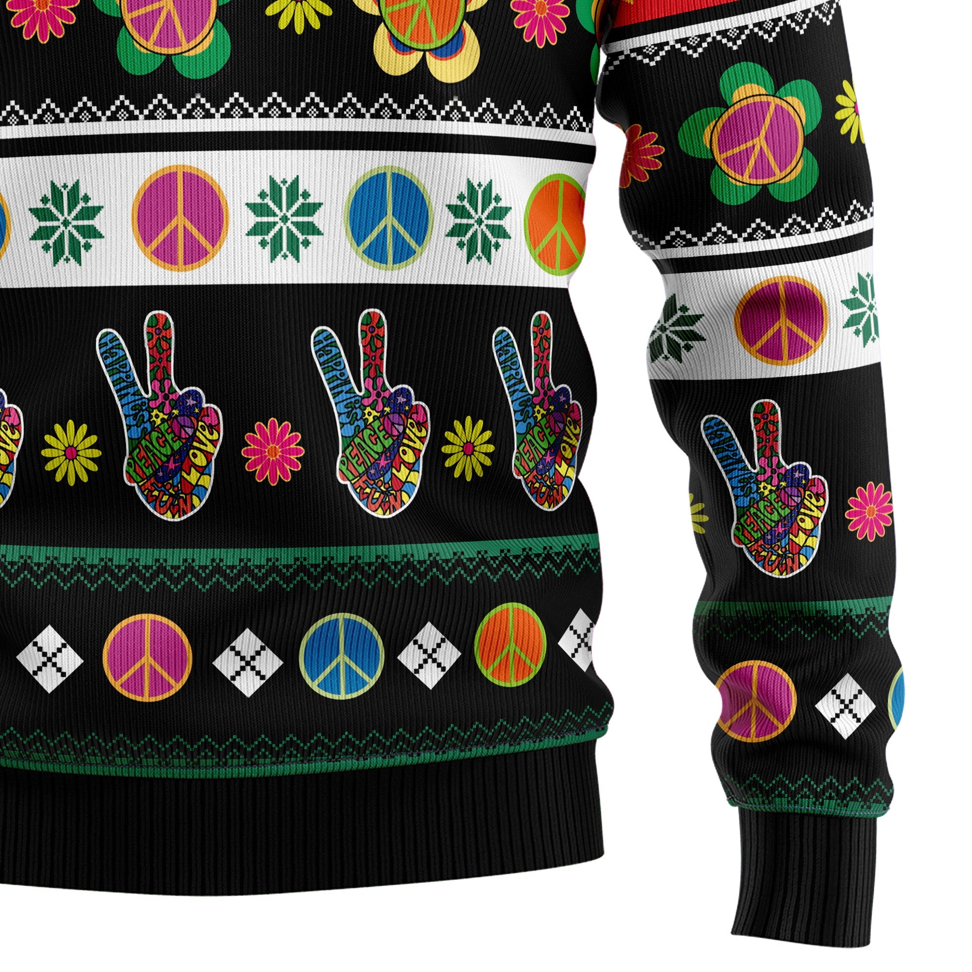 Hippie Peace Sign Ugly Christmas Sweater, Unisex Holiday Outfit, Christmas Gift for Hippie and Retro Style Fans