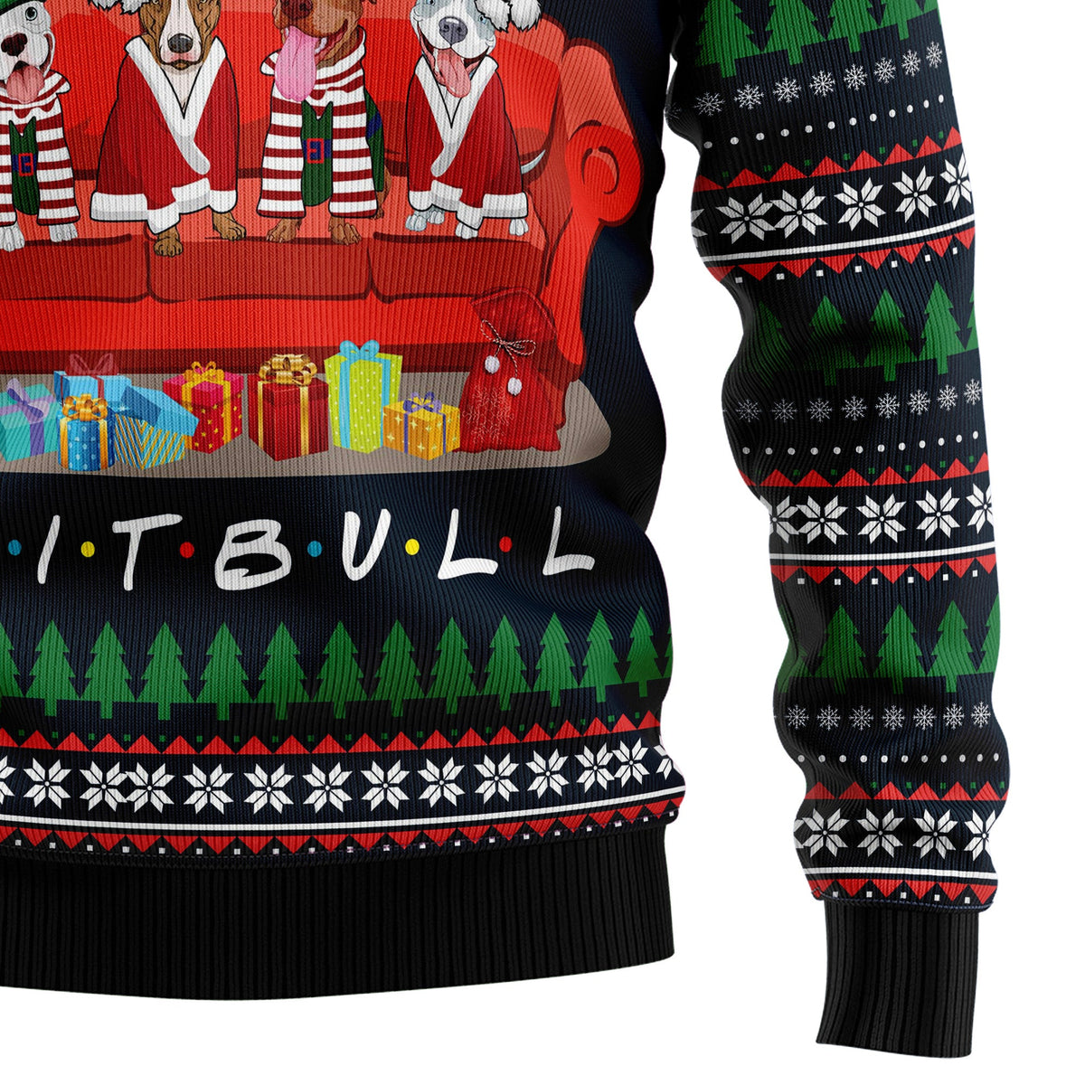 Pit Bull Friends on Red Sofa Ugly Christmas Sweater, Unisex Holiday Party Outfit, Gift for Pit Bull Dog Lovers