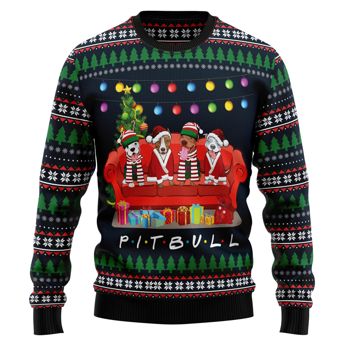 Pit Bull Friends on Red Sofa Ugly Christmas Sweater, Unisex Holiday Party Outfit, Gift for Pit Bull Dog Lovers