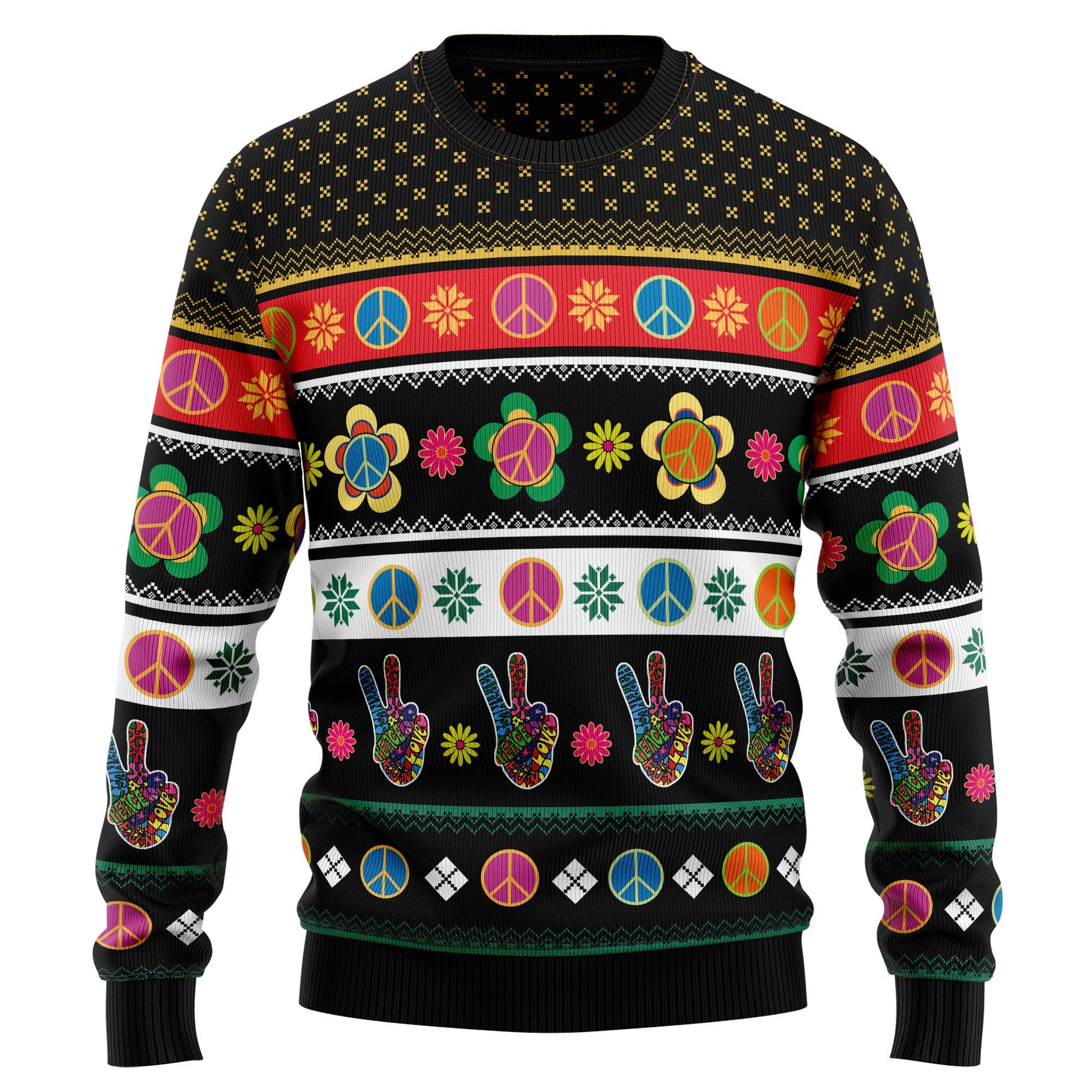 Hippie Peace Sign Ugly Christmas Sweater, Unisex Holiday Outfit, Christmas Gift for Hippie and Retro Style Fans
