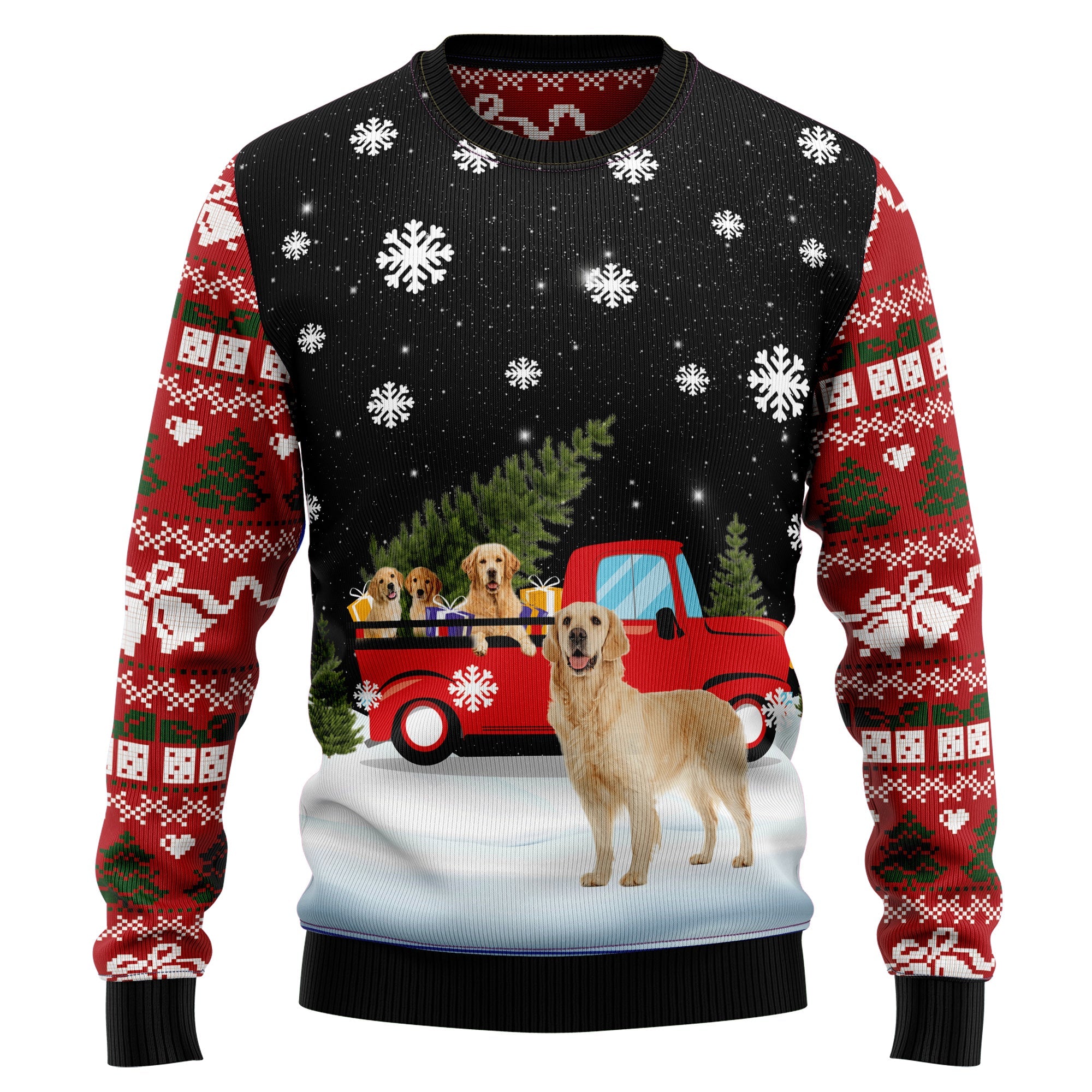 Golden Retriever Red Truck Ugly Christmas Sweater, Festive Xmas Party Sweater, Gift for Golden Retriever Lovers