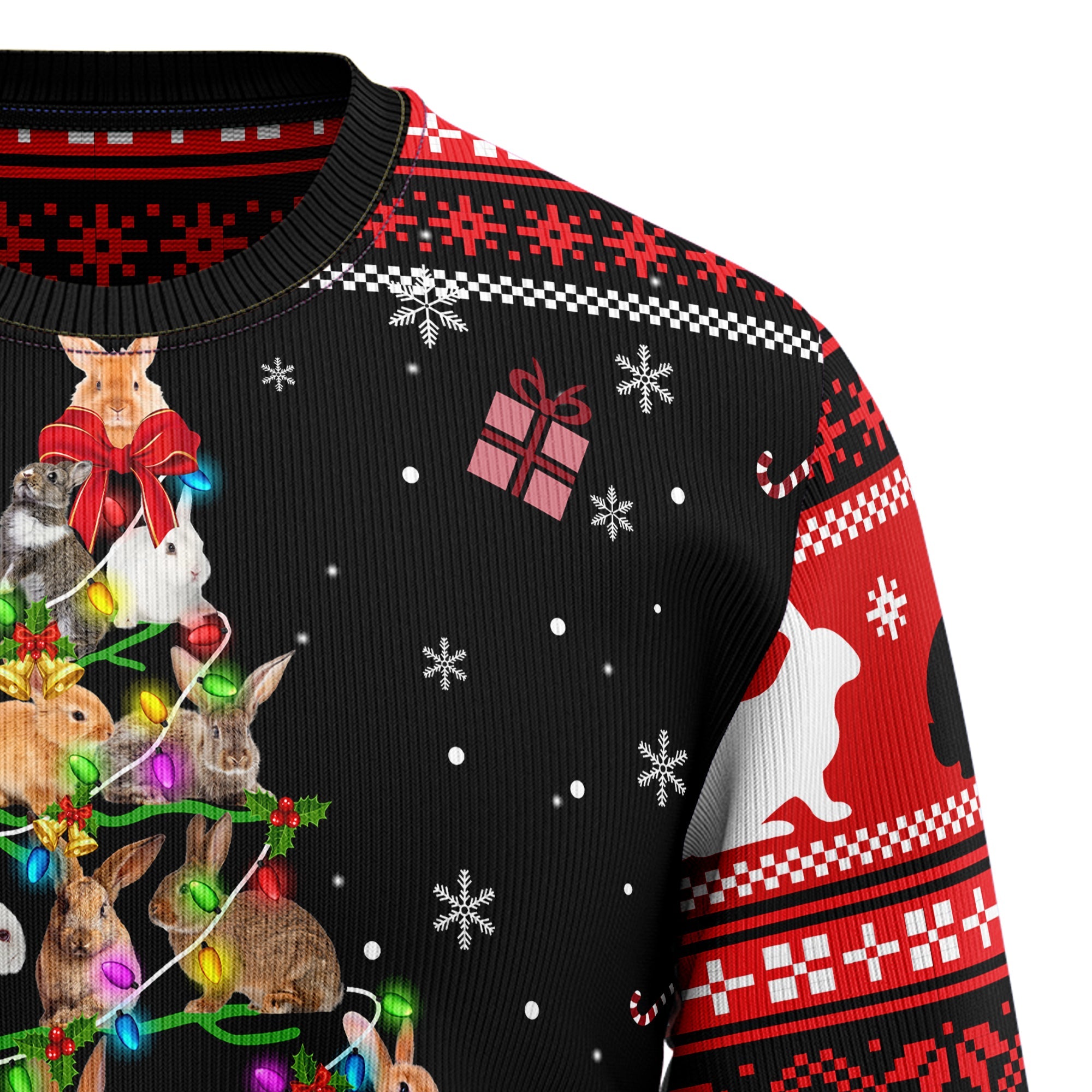 Rabbit Ugly Christmas Sweater, Bunny and Pine Tree Holiday Pullover, Christmas Party Outfit and Gift for Rabbit Lovers