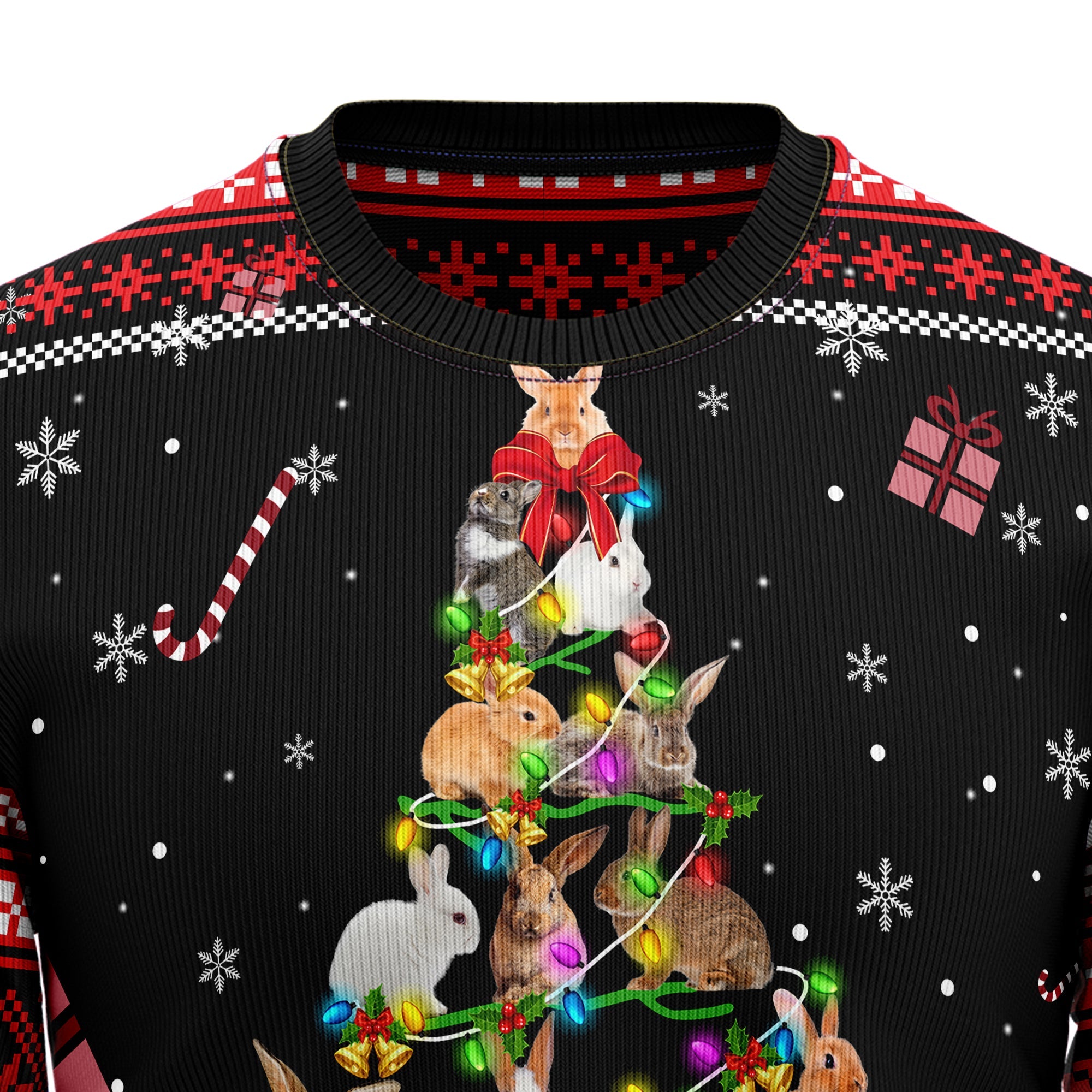 Rabbit Ugly Christmas Sweater, Bunny and Pine Tree Holiday Pullover, Christmas Party Outfit and Gift for Rabbit Lovers