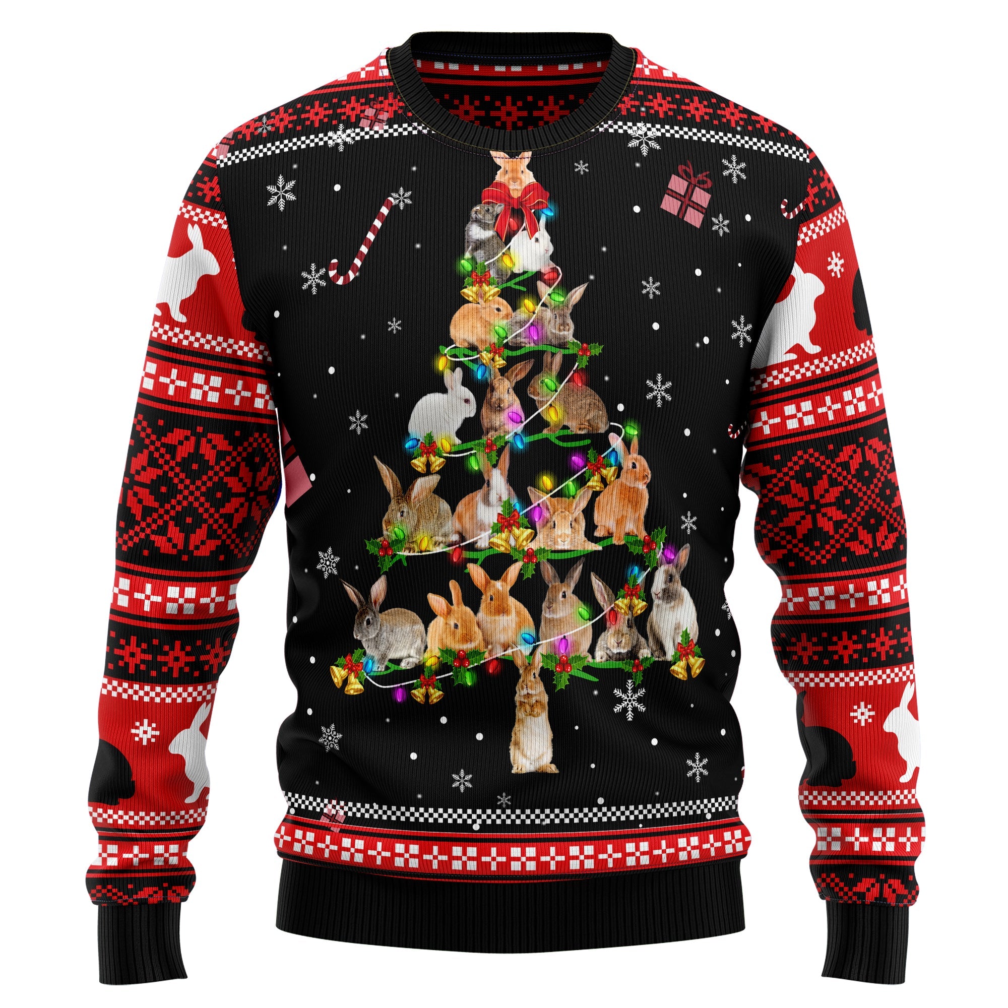 Rabbit Ugly Christmas Sweater, Bunny and Pine Tree Holiday Pullover, Christmas Party Outfit and Gift for Rabbit Lovers