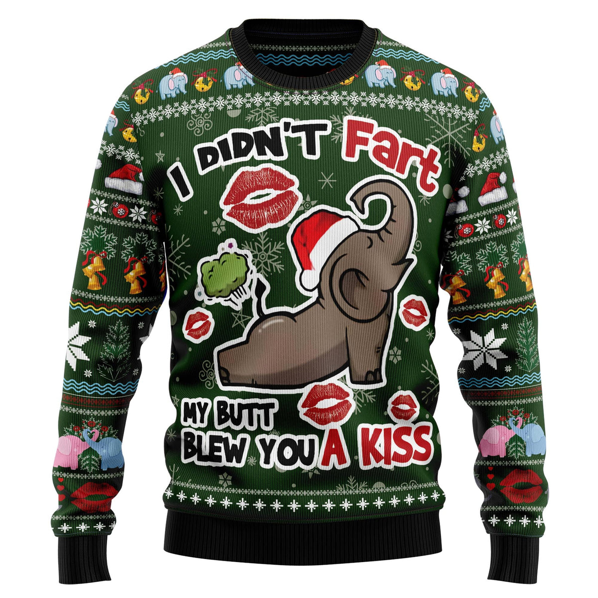 Elephant I Didn't Fart My Butt Blew You A Kiss Ugly Christmas Sweater, Funny Holiday Party Outfit for Men Women,