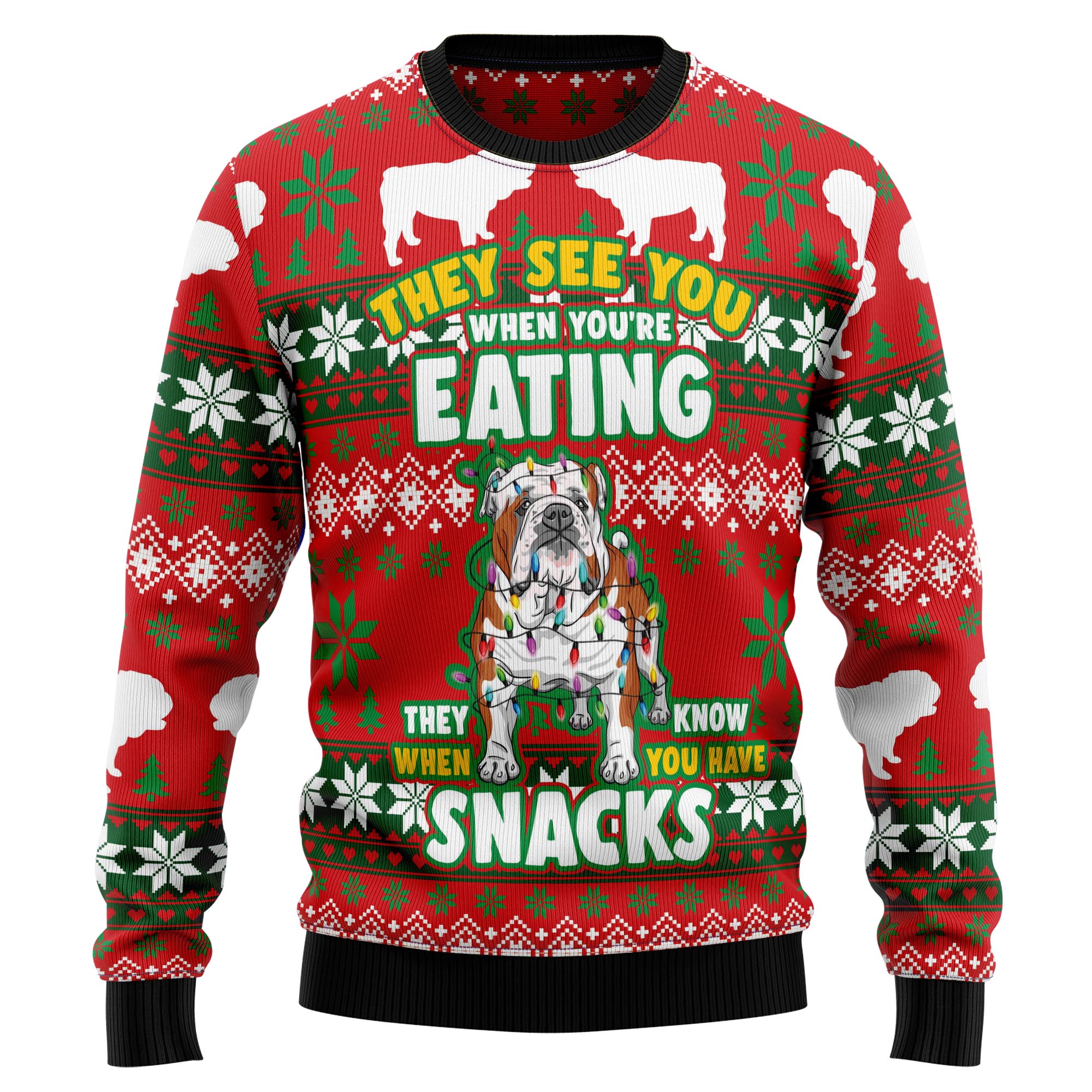 Bulldog Snacks Ugly Christmas Sweater for Men and Women, Festive Holiday Party Outfit and Gift for Bulldog Lovers