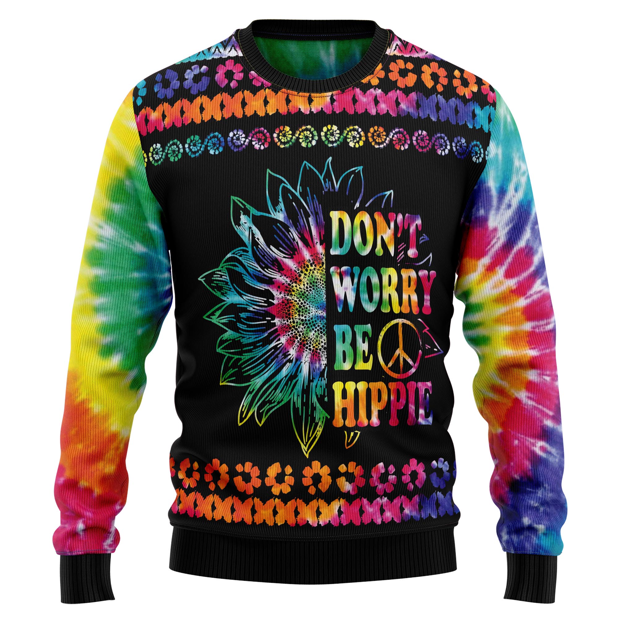 Hippie Tie Dye Color Ugly Christmas Sweater, Unisex Holiday Party Outfit, Xmas Gift for Hippie and Tie Dye Fans