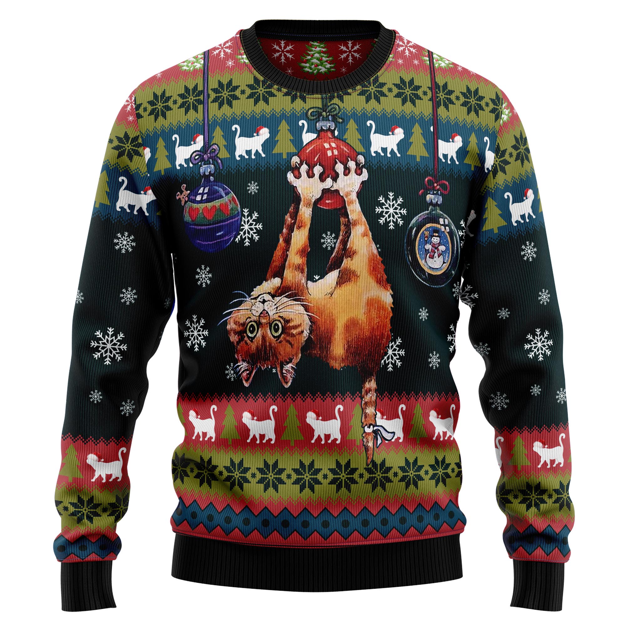 Cat Hanging on Christmas Tree Ugly Christmas Sweater, Unisex Holiday Party Outfit, Gift for Cat Owners and Cat Lovers