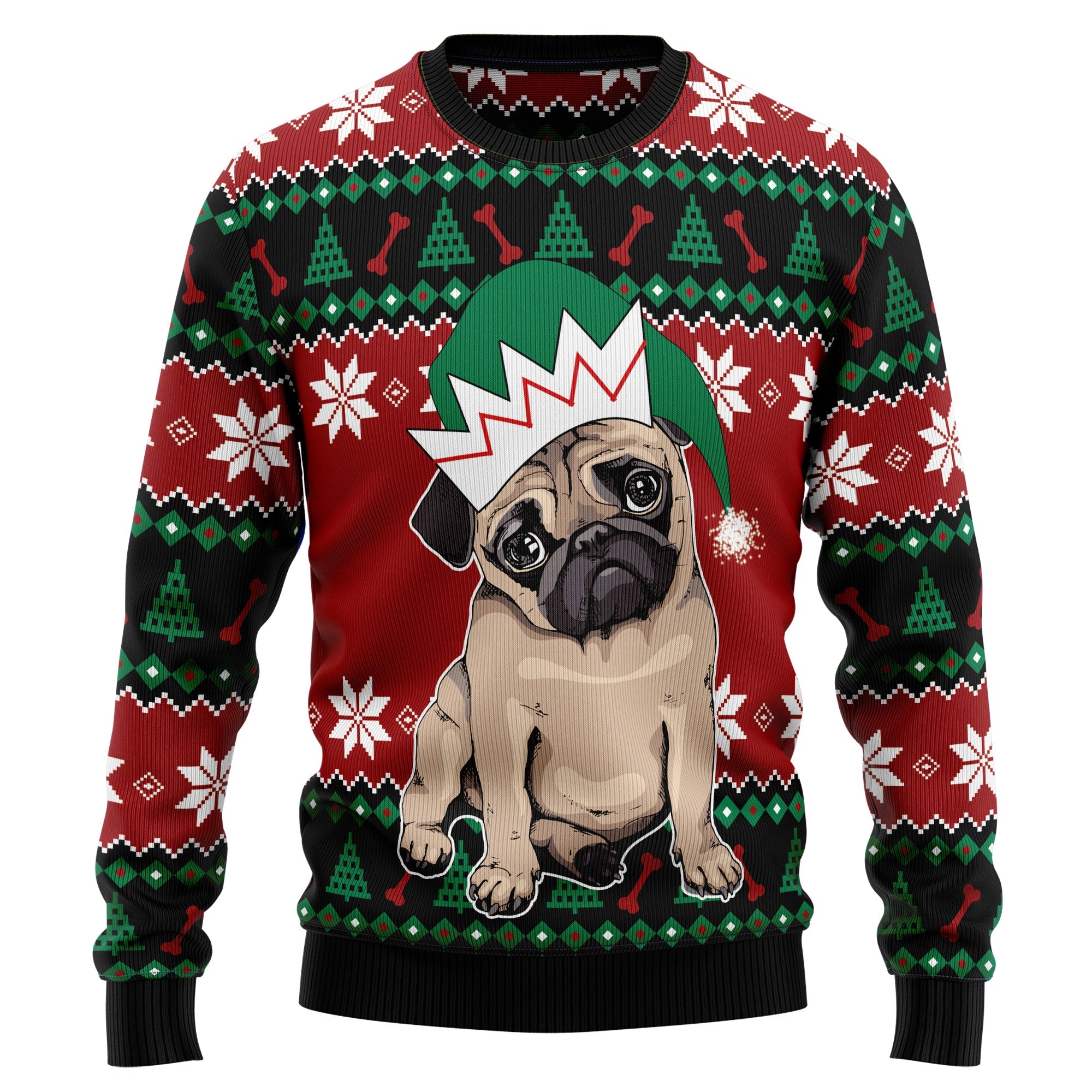 Cute Pug Ugly Christmas Sweater, Festive Dog Holiday Pullover for Pug Lovers, Dog Moms, Dog Dads and Winter Parties