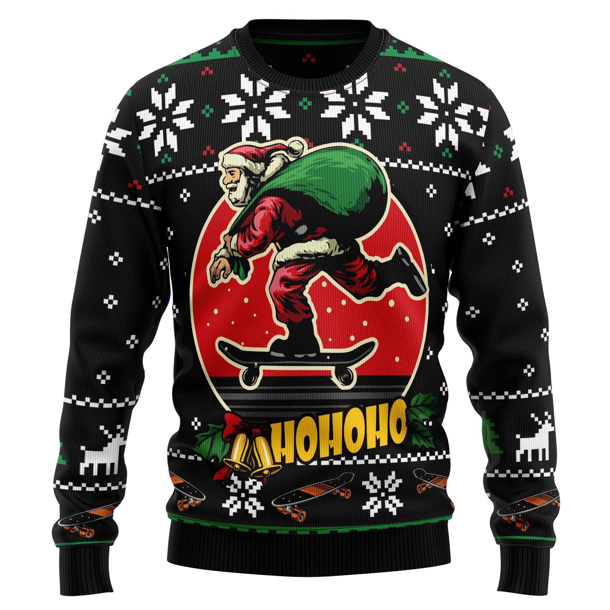 Santa Claus Skateboard Ugly Christmas Sweater, Unisex Holiday Party Outfit, Gift for Skateboarders and Santa Fans