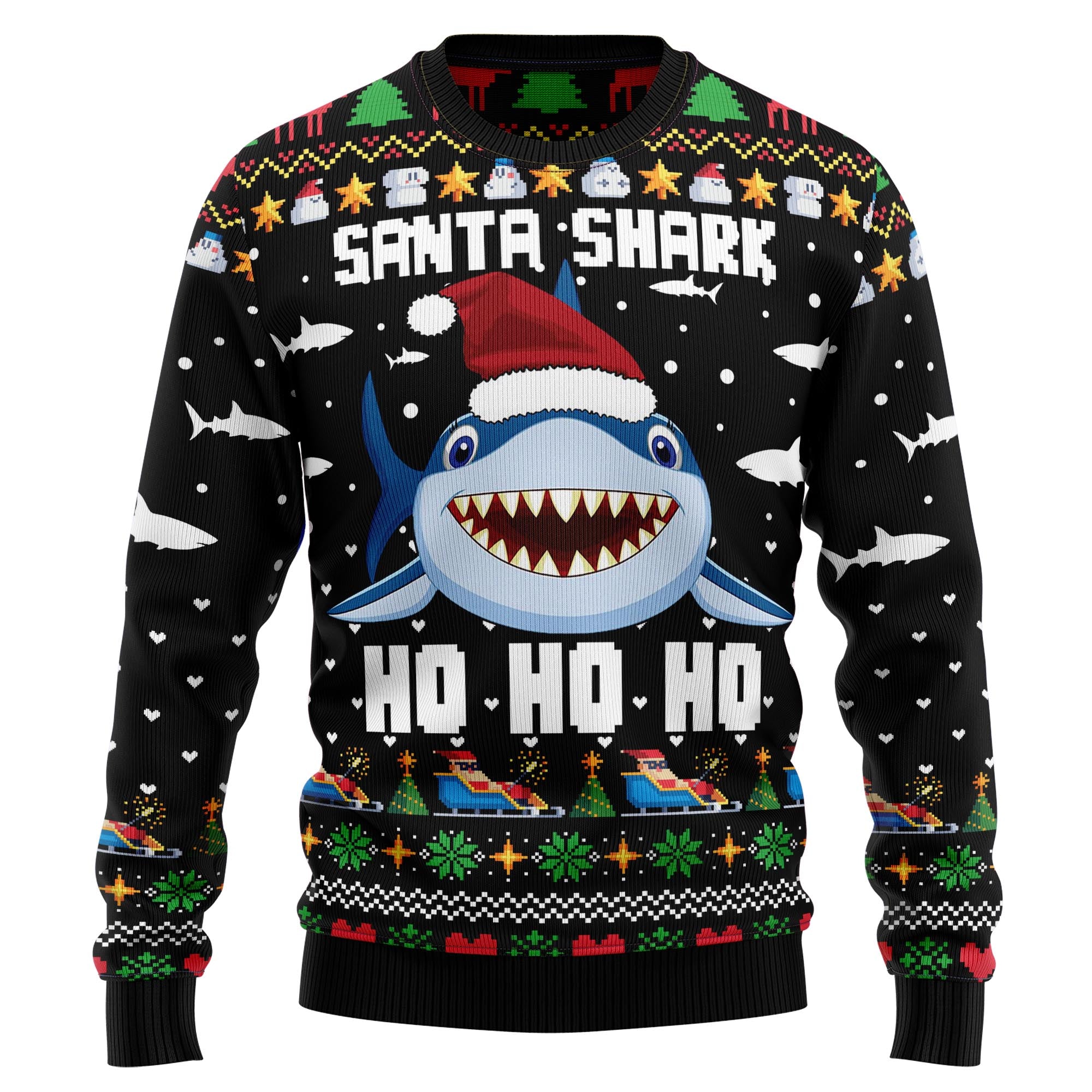Santa Shark Ho Ho Ho Ugly Christmas Sweater, Funny Holiday Party Outfit for Men and Women, Gift for Shark Lovers