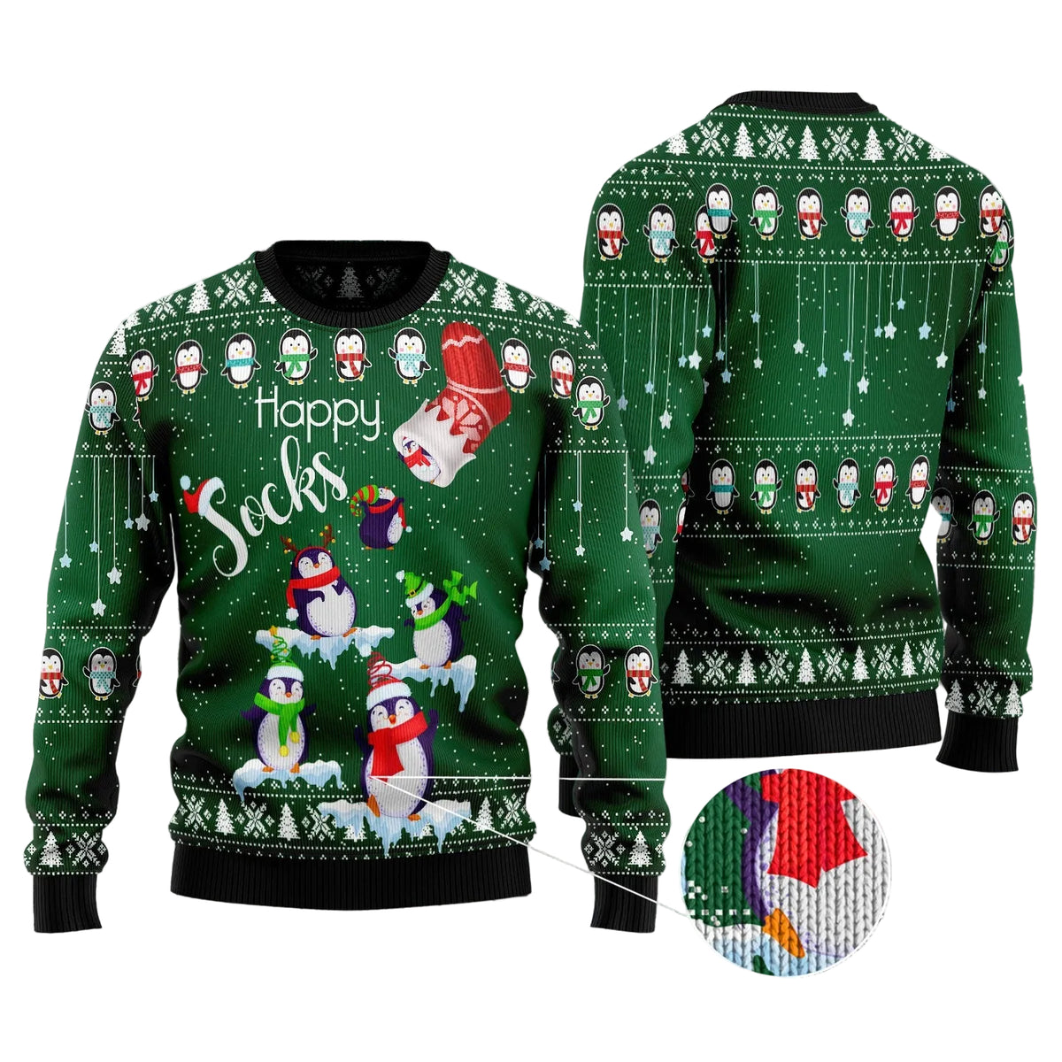 Penguin Happy Socks Ugly Christmas Sweater, Cute Penguin and Christmas Socks Print, Holiday Sweater for Adults