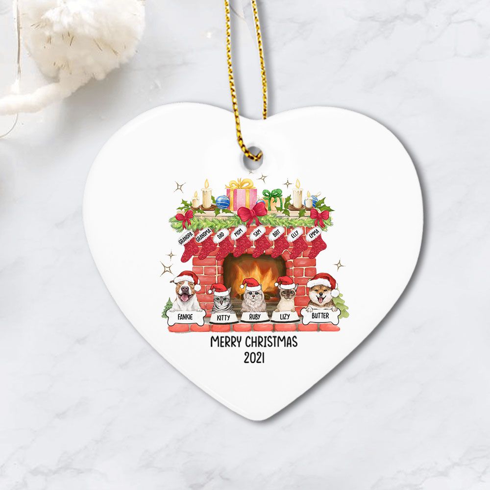 Personalized Christmas 2021 Fireplace Ceramic Ornament - Family Stockings & Dogs Cats - heart