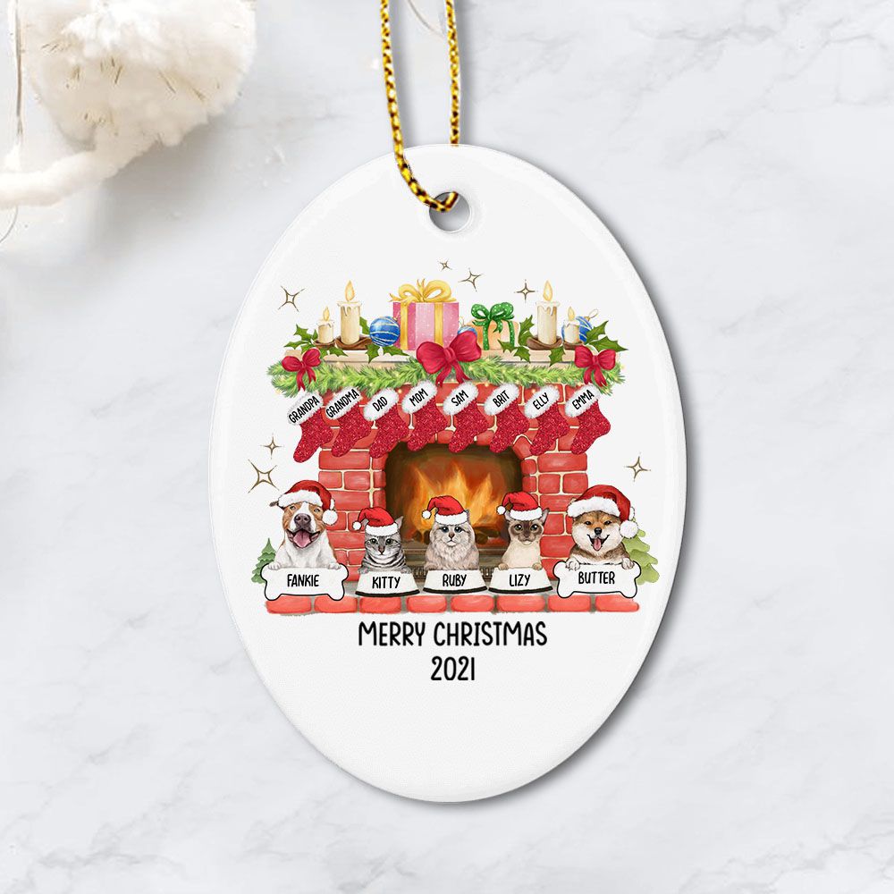 Personalized Christmas 2021 Fireplace Ceramic Ornament - Family Stockings & Dogs Cats - oval