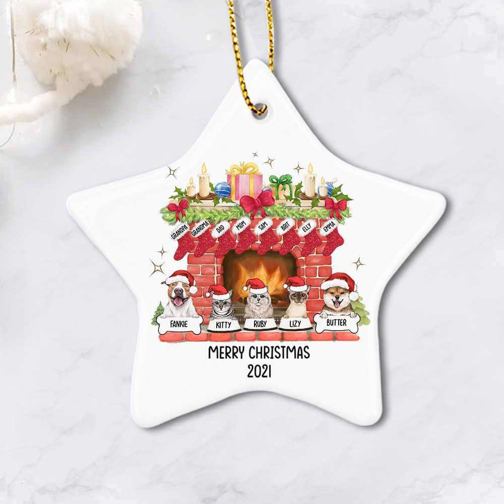 Personalized Christmas 2021 Fireplace Ceramic Ornament - Family Stockings & Dogs Cats - star