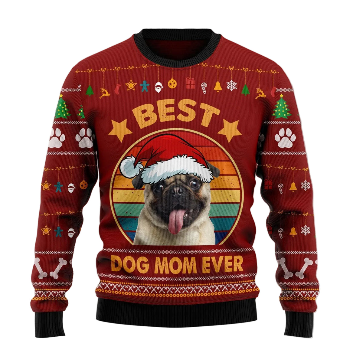 Pug Best Dog Mom Ever Ugly Christmas Sweater, Pug Dog Mom Print for Men and Women, Festive Christmas Party Outfit