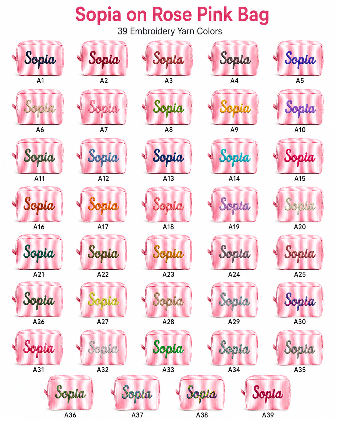 Pink personalized seersucker makeup bag with custom embroidery thread color options