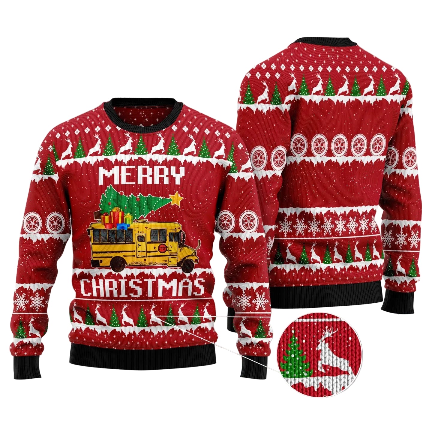 A festive Christmas sweater shown from both front and back on a gray textured background. The red knit sweater features a yellow school bus carrying a green Christmas tree with presents, surrounded by white snowflakes, reindeer, pine trees, and holiday patterns.