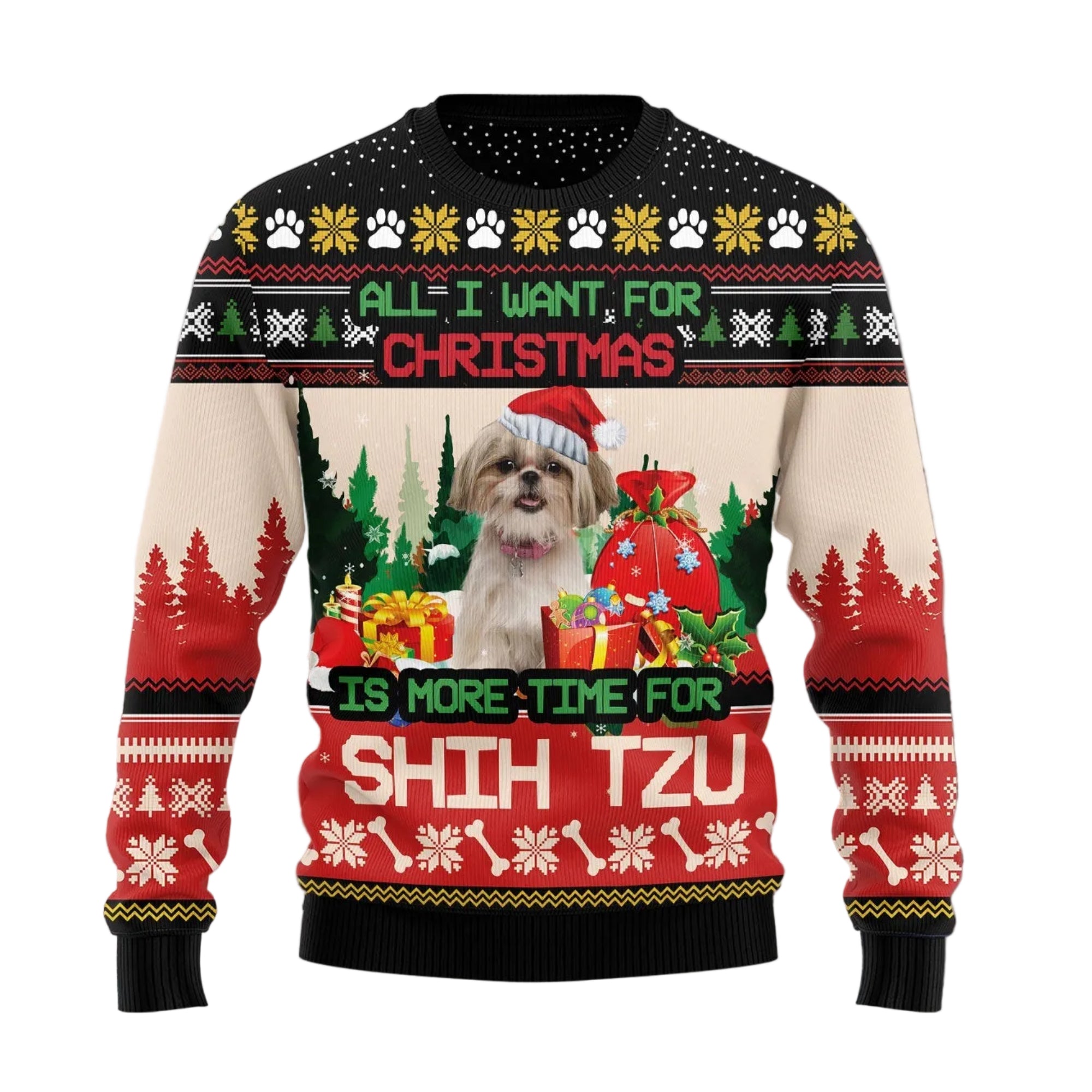 Shih Tzu More Time Ugly Christmas Sweater, Cute Shih Tzu Dog Holiday Pullover for Shih Tzu Owners and Dog Moms