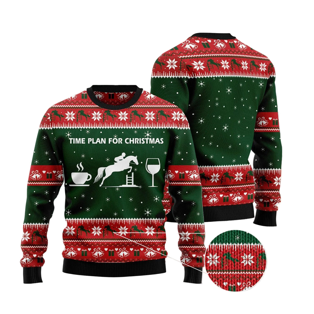 A Christmas sweater shown from the front and back, featuring a dark green base with red and white holiday patterns and white text reading 'TIME PLAN FOR CHRISTMAS' with a horse jump graphic. The image includes a circular Shark Custom logo in the top left and a blurred festive background with snow at the bottom.