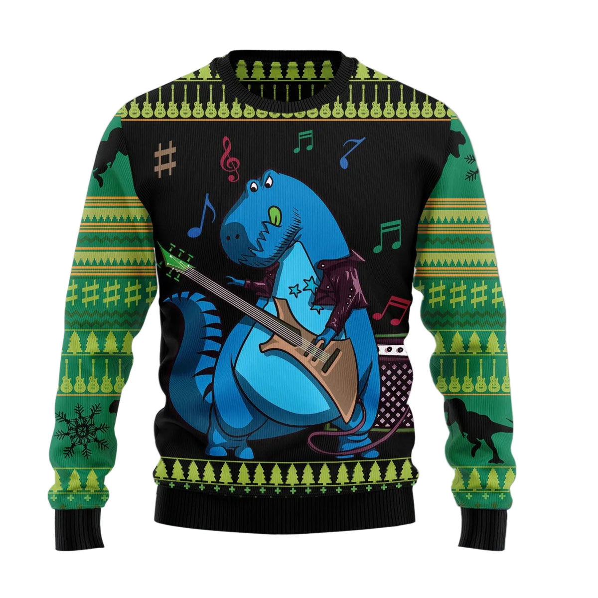 Dinosaur Guitar Ugly Christmas Sweater | Holiday Gift for Dinosaur and Fantasy Fans | Cozy Seasonal Party Style