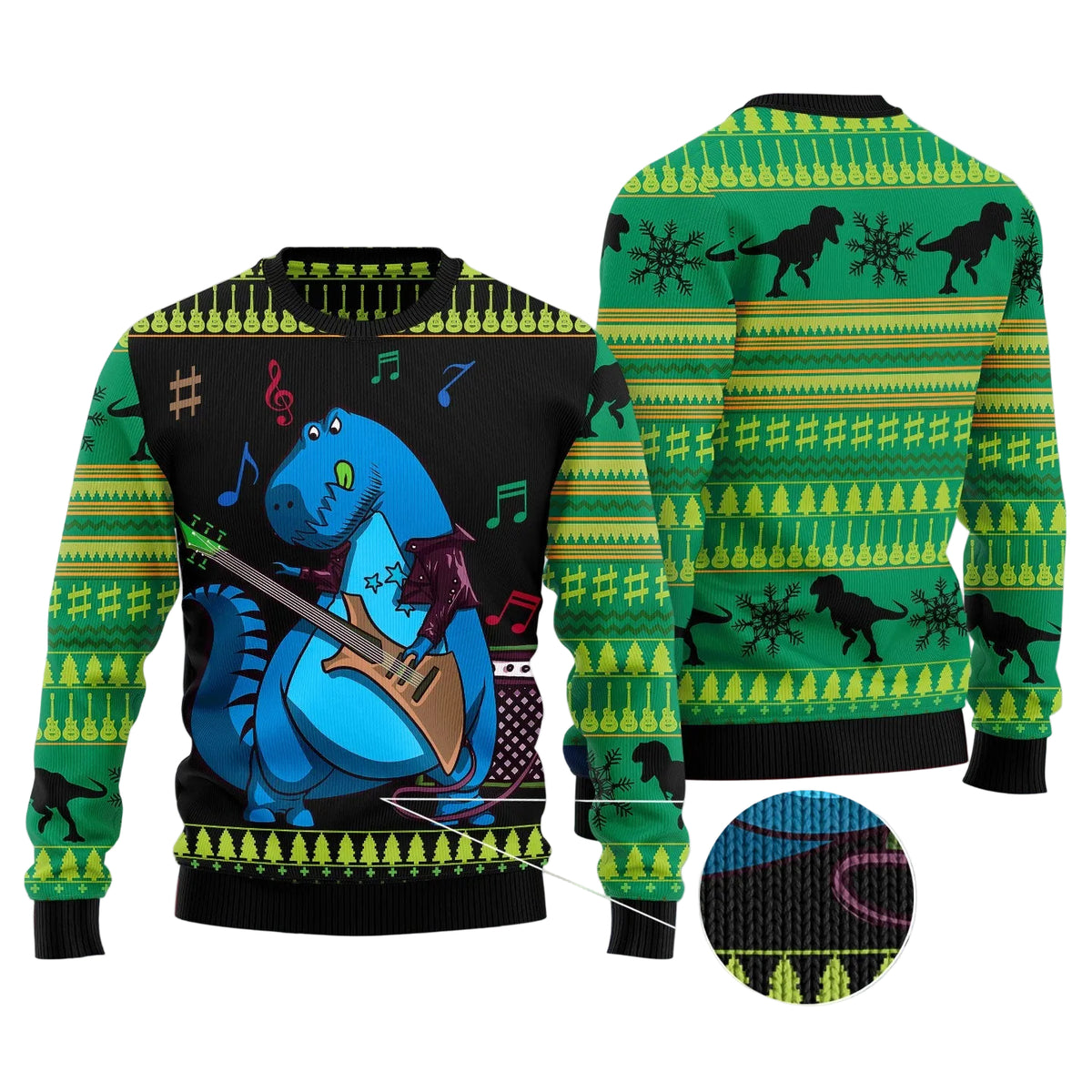 Dinosaur Guitar Ugly Christmas Sweater | Holiday Gift for Dinosaur and Fantasy Fans | Cozy Seasonal Party Style