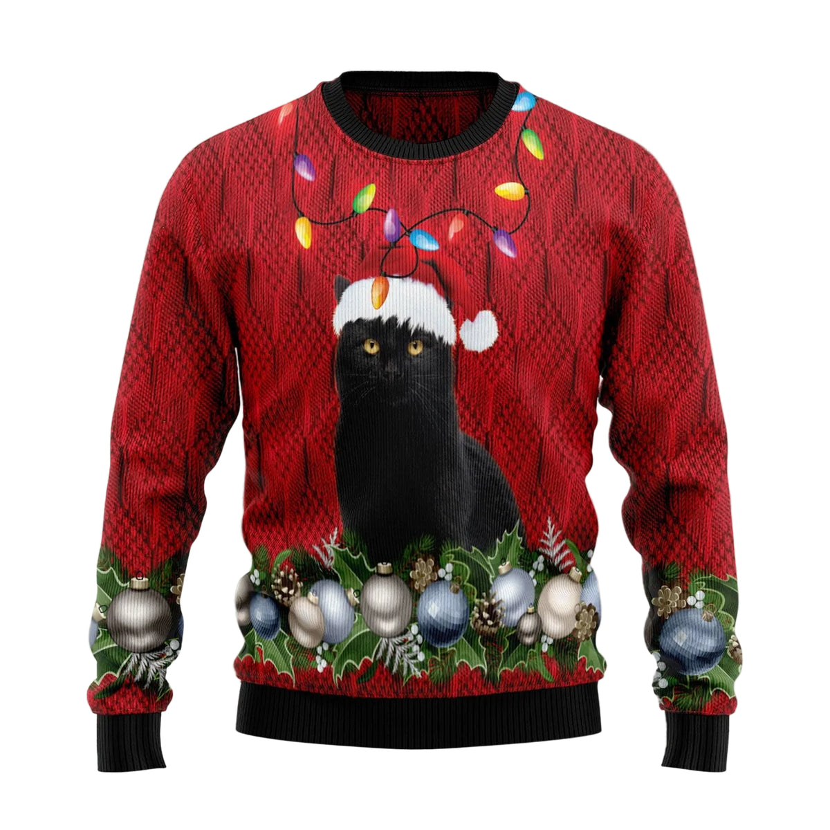 Black Cat Christmas Beauty Ugly Christmas Sweater | Unisex Holiday Party Outfit | All-Over Print for Cat Lovers
