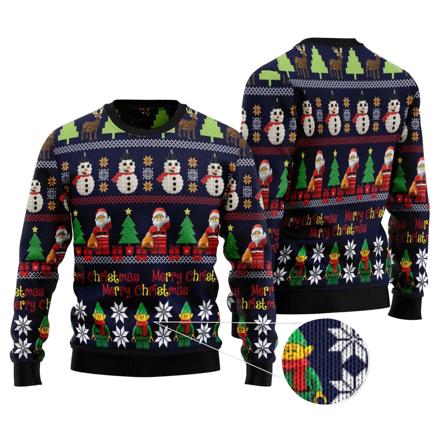 A festive Christmas sweater shown from both front and back on a gray textured background, with a circular inset zoom of the knit pattern. The sweater has a dark navy base with repeating holiday motifs including Santa Claus, snowmen, Christmas trees, elves, and snowflakes, plus 'Merry Christmas' text.
