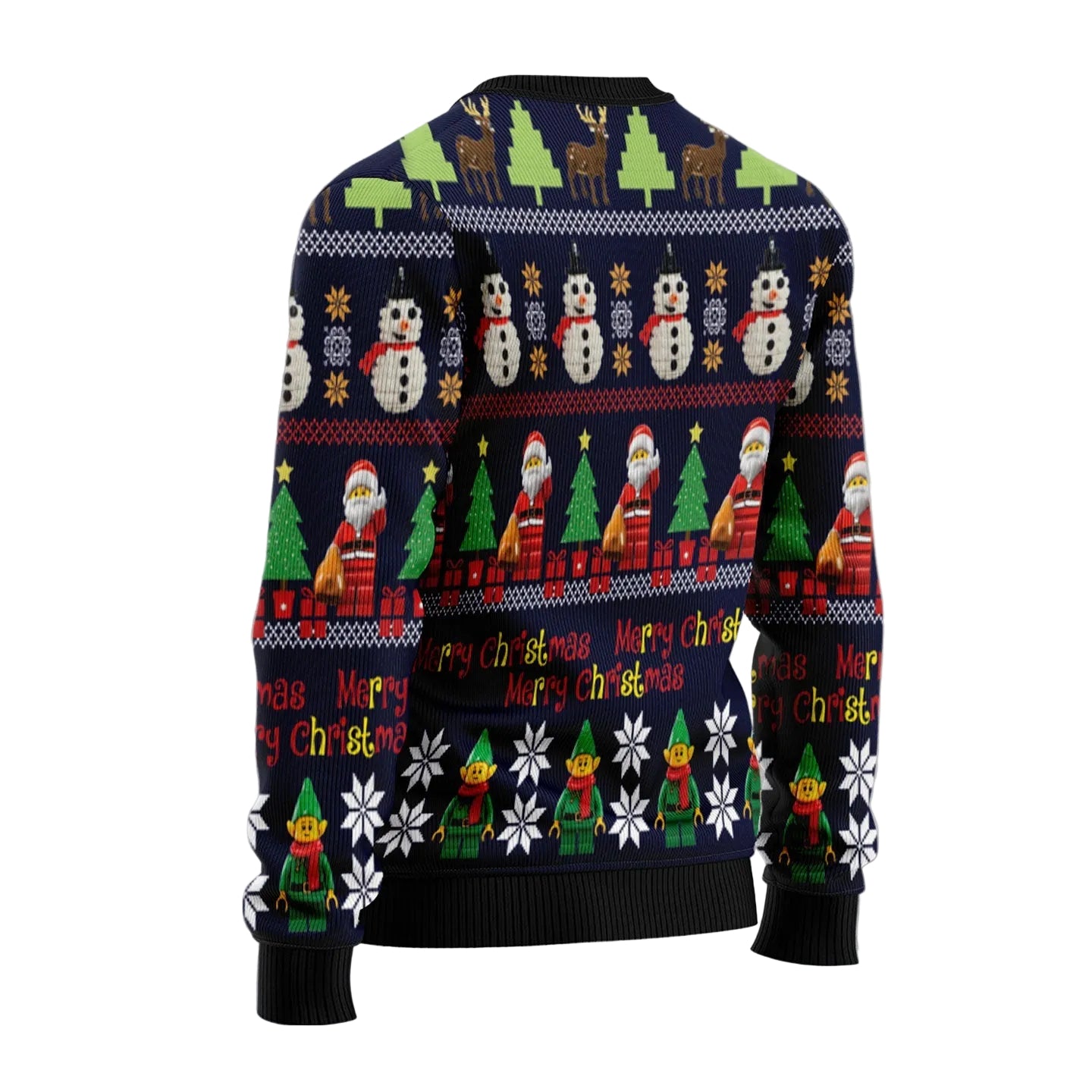 A Christmas-themed long-sleeve sweater shown from the back, featuring a busy festive pattern with Santa Claus, snowmen, reindeer, Christmas trees, and snowflakes on a dark navy background. The sweater is displayed against a textured gray background with a circular watermark logo in the top-left corner.