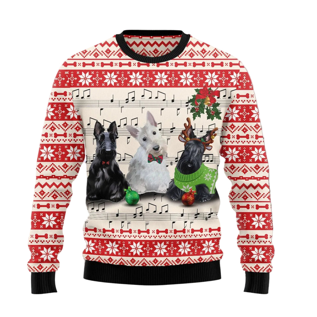 Scottish Terrier Music Ugly Christmas Sweater | Unisex Holiday Party Outfit | All-Over Print for Scottie Lovers