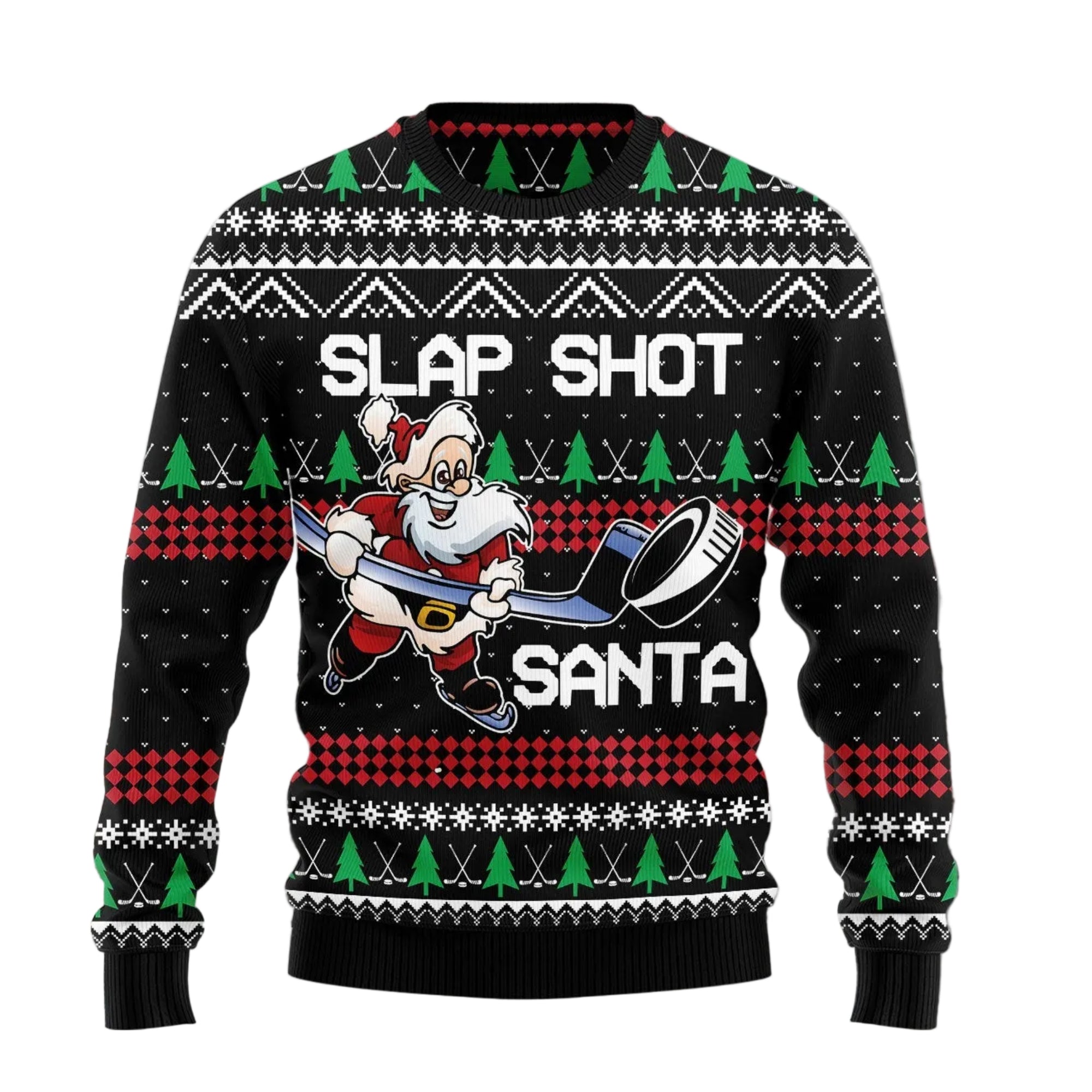 Slap Shot Santa Hockey Ugly Christmas Sweater, Funny Hockey Playing Santa Jumper for Hockey Players and Ice Hockey Fans