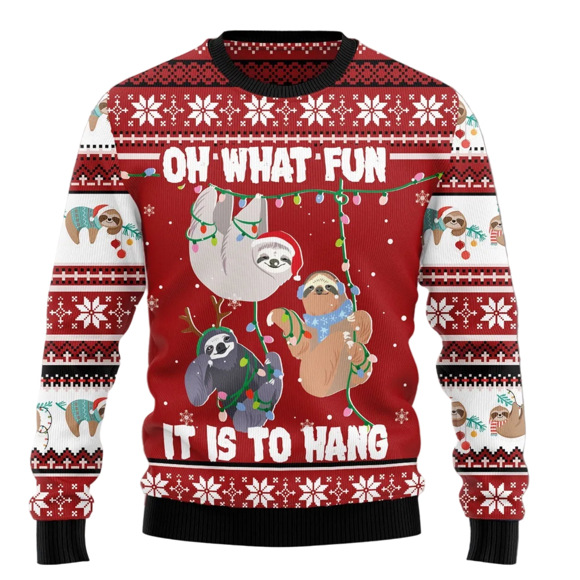 Sloth Oh What Fun Ugly Christmas Sweater, Festive Holiday Party Outfit for Men and Women, Gift for Sloth Lovers